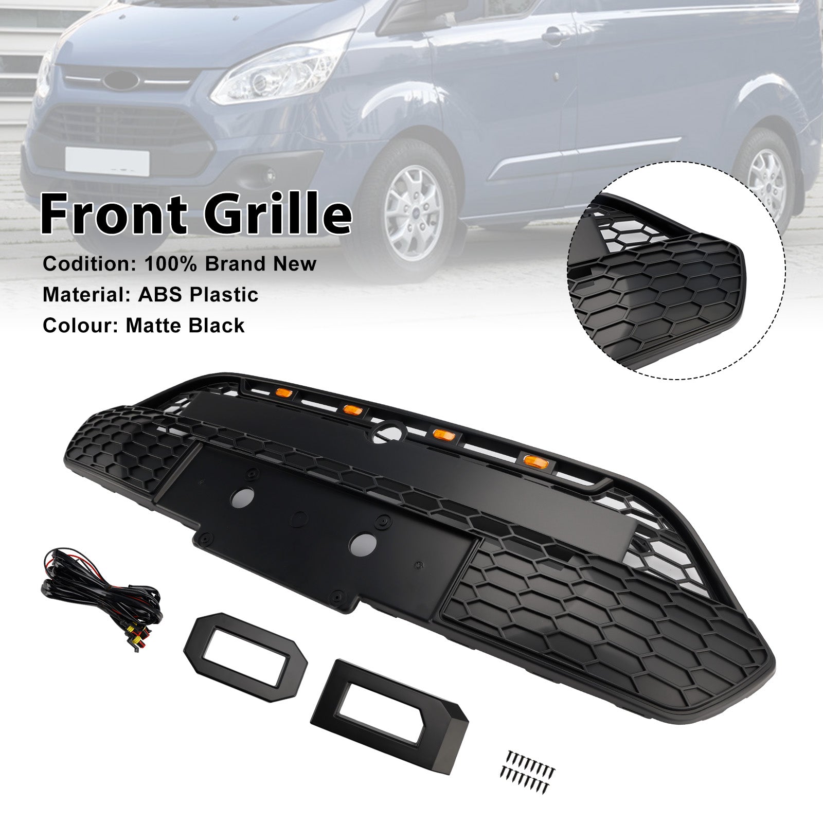 Ford Transit Custom 2013-2017 Matte Black Front Bumper Grille Grill With LED