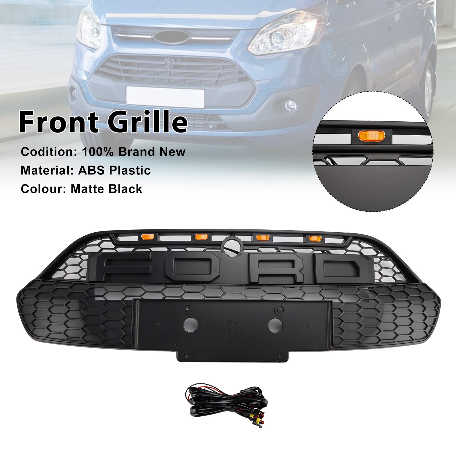 2013-2017 Ford Transit Custom W/LED Matte Black Front Bumper Grille Grill