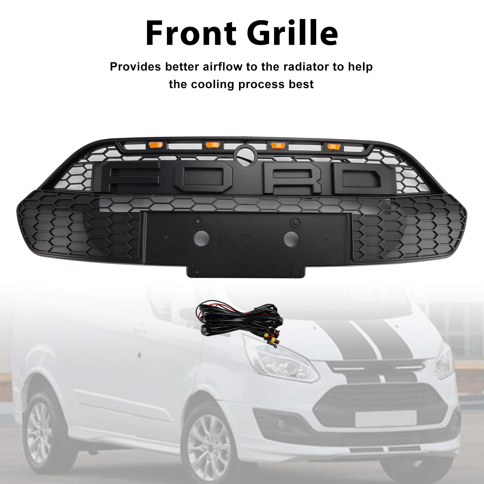 2013 2014 2015 2016 2017 Ford Transit Custom With LED Matte Black Front Bumper Grille Grill