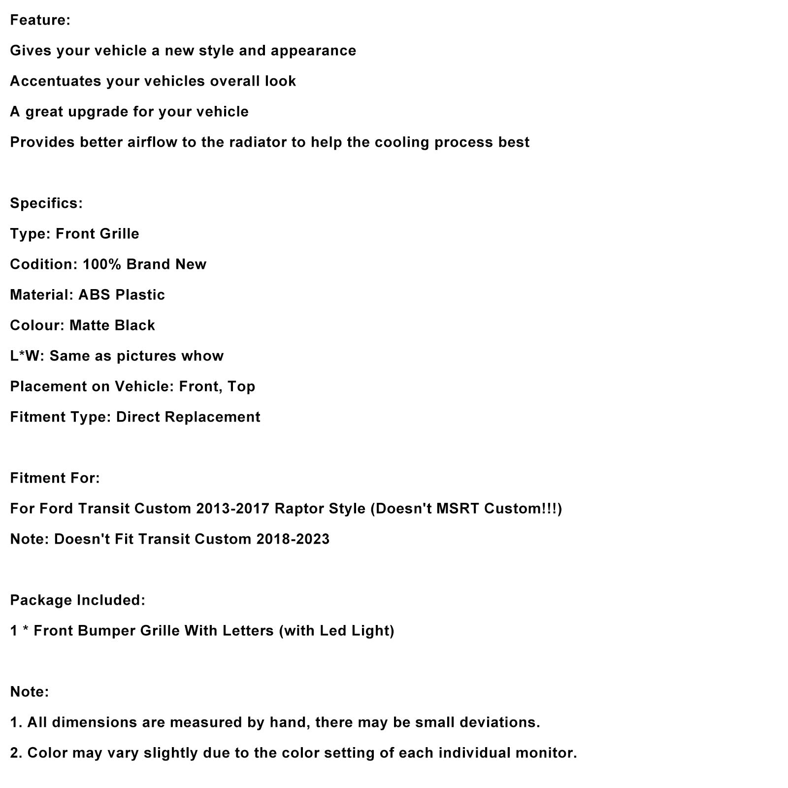 2013 2014 2015 2016 2017 Ford Transit Custom With LED Matte Black Front Bumper Grille Grill