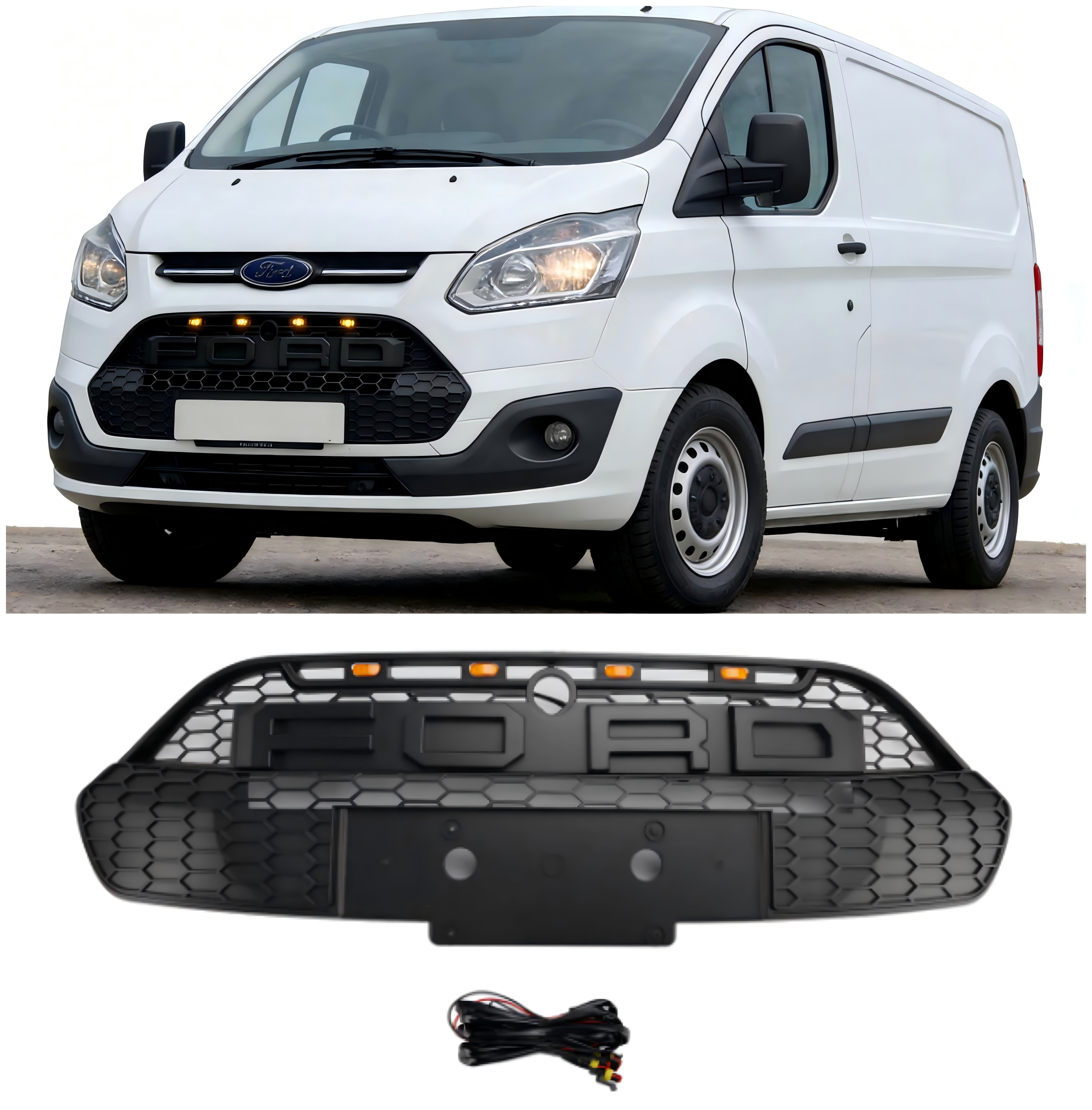 Ford Transit Custom 2013-2017 Matte Black Front Bumper Grille Grill With LED