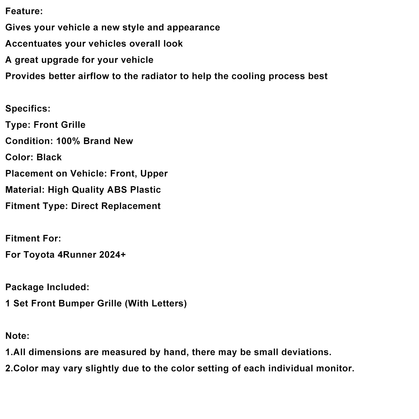 2024+ Toyota 4Runner TRD PRO W/Light Bar Front Bumper Grille Grill Black