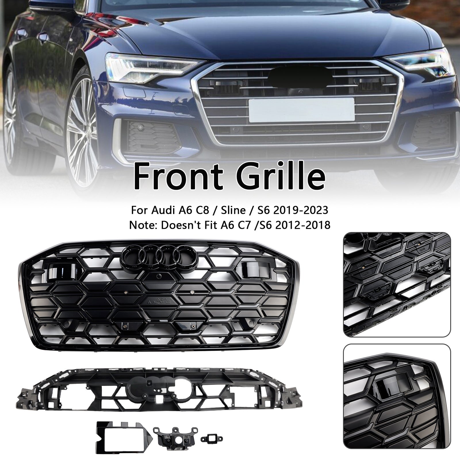 2019 2020 2021 2022 2023 Audi A6 S6 Black Front Challed Grille Grill 4K0853651T