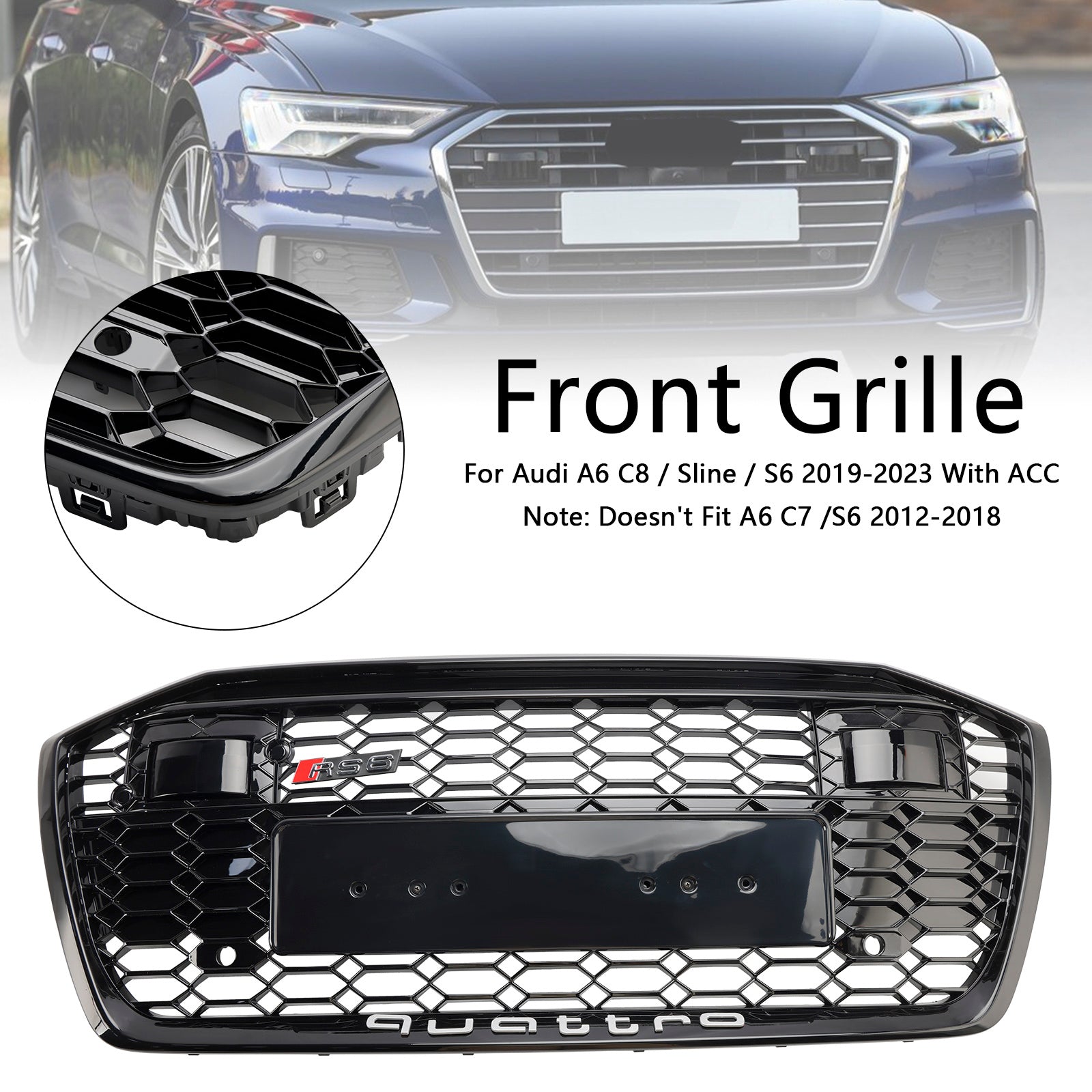 2019-2023 Audi A6 S6 W/ACC RS6 Style Honeycomb Mesh Front Grill Grille