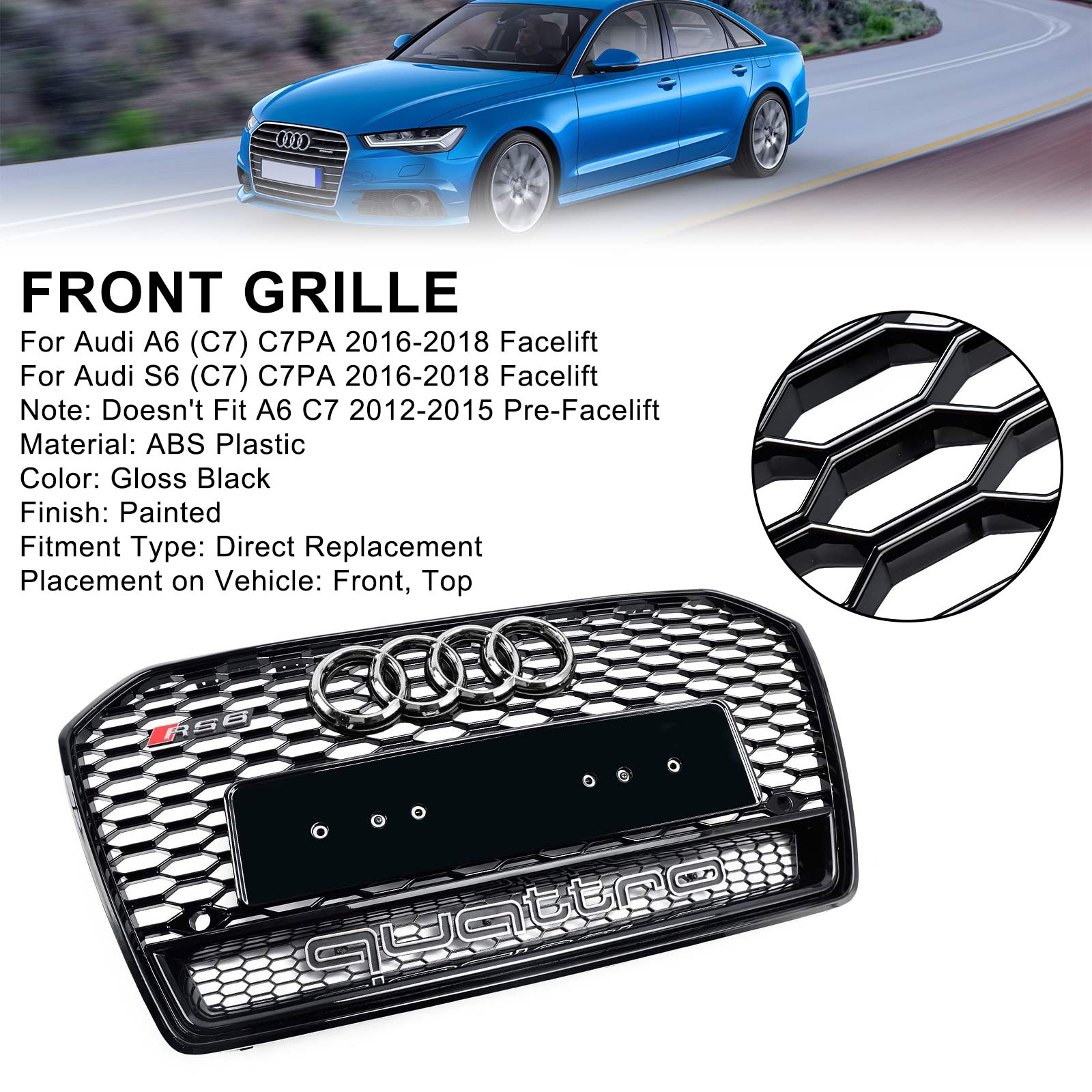 2016 2017 2018 Audi A6 S6 C7 C7PA RS6 štýl Honeycomb Mesh Front Grill Black Black