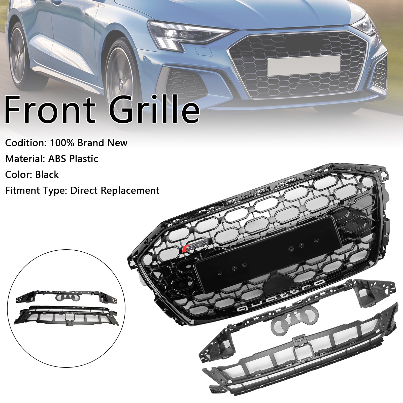 2020-2024 Audi A3 S3 RS3 Honeycomb Front Grille Grill Bloss Black