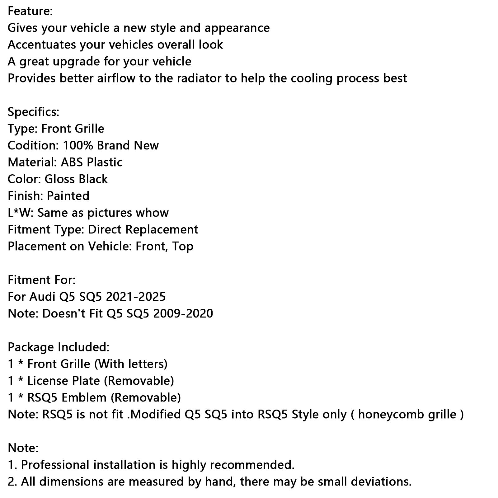 2021-2025 Audi Q5 SQ5 RSQ5 Front Honeycomb Mesh Grill Grille