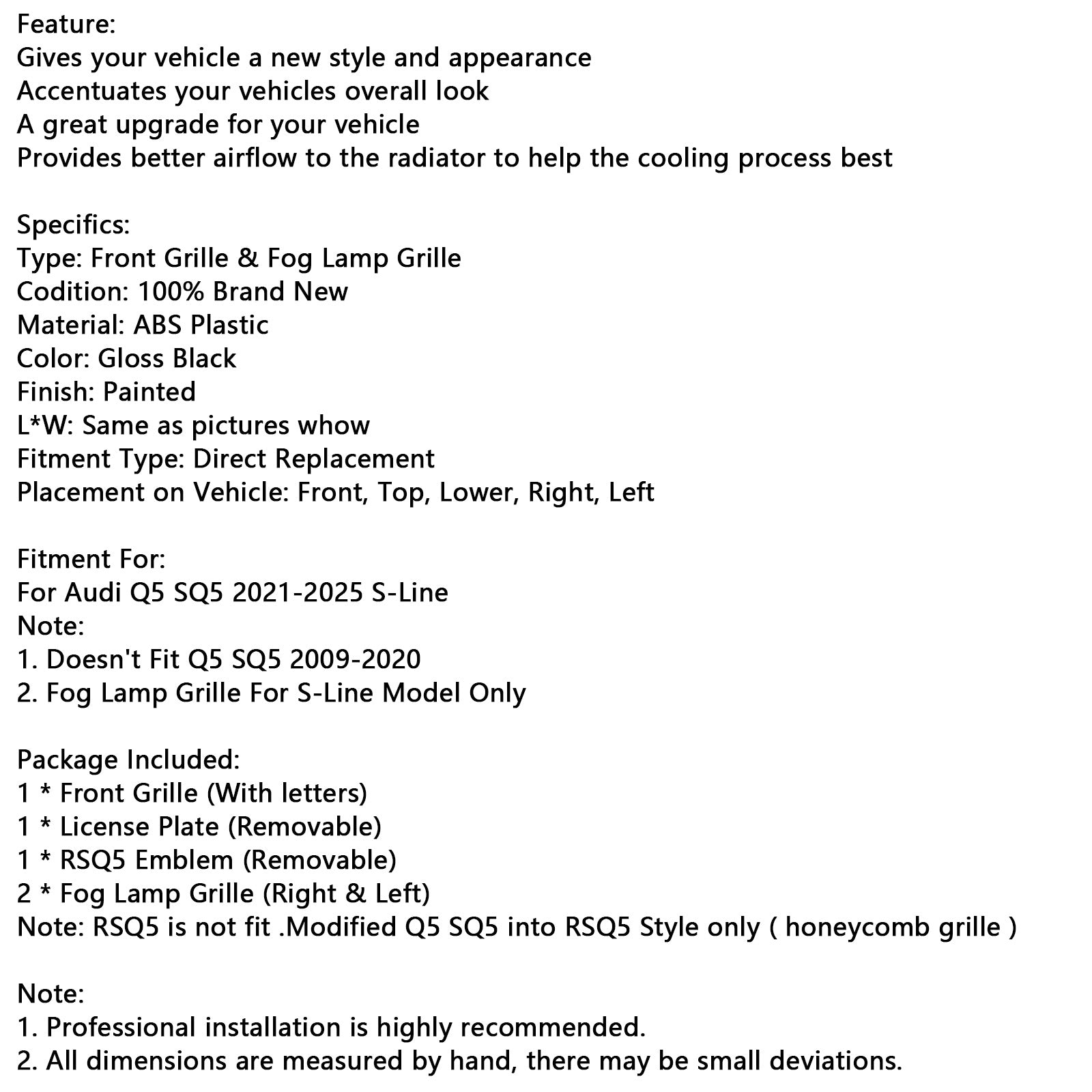 Grille de pare-chocs avant en nid d'abeille pour Audi Q5 2021-2025 & Cache-phares antibrouillard