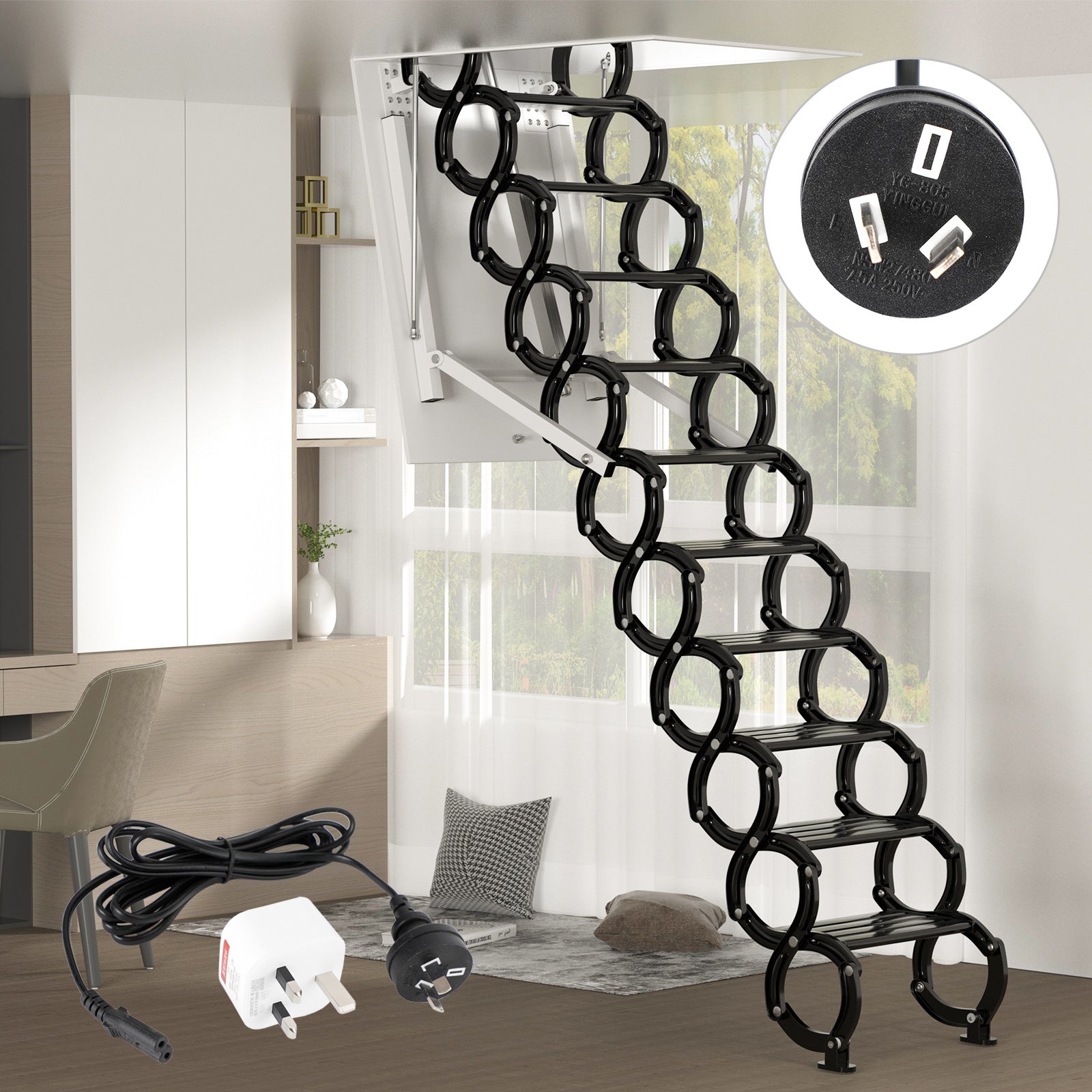 Elektrický podkrovný rebrík hliníkový skladanie 70*100 cm 9,5 stôp s diaľkovým ovládačom