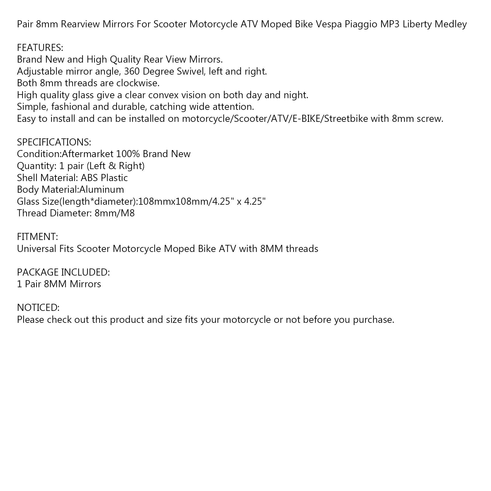 Espejos universales para ciclomotor Scooter 8mm para Vespa Piaggio Liberty 50-150cc