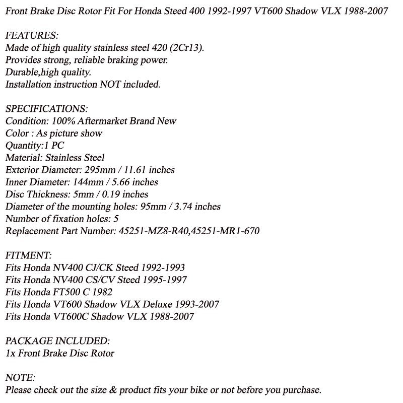Front Rotor Brake Disc Fit For Honda VT600 C Shadow VLX 88-07 NV 400 Steed 92-97
