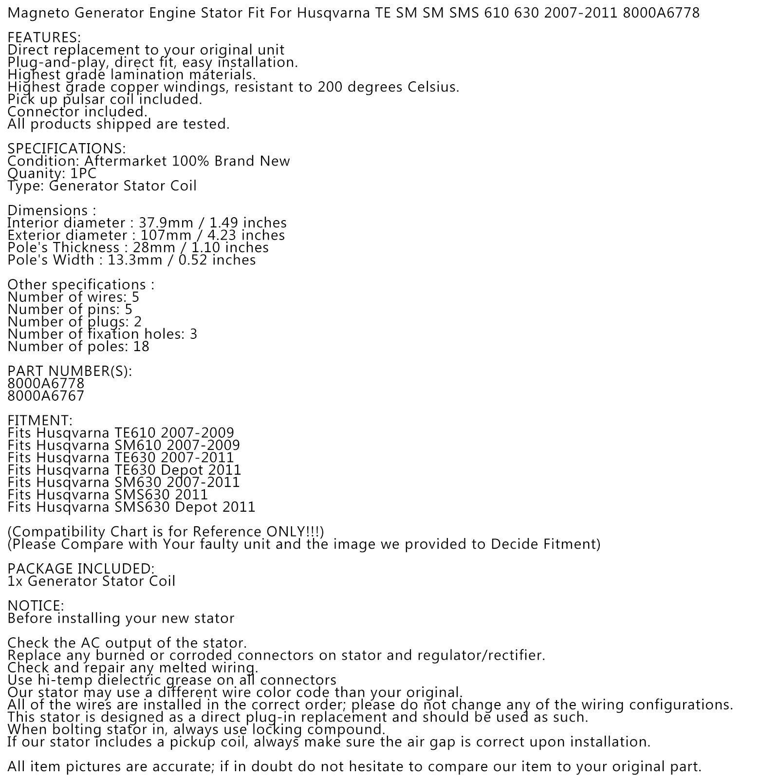 Alternator Magneto Stator Fit for Husqvarna SM610 TE610 SM SMS 630 TE 630 8000A6767
