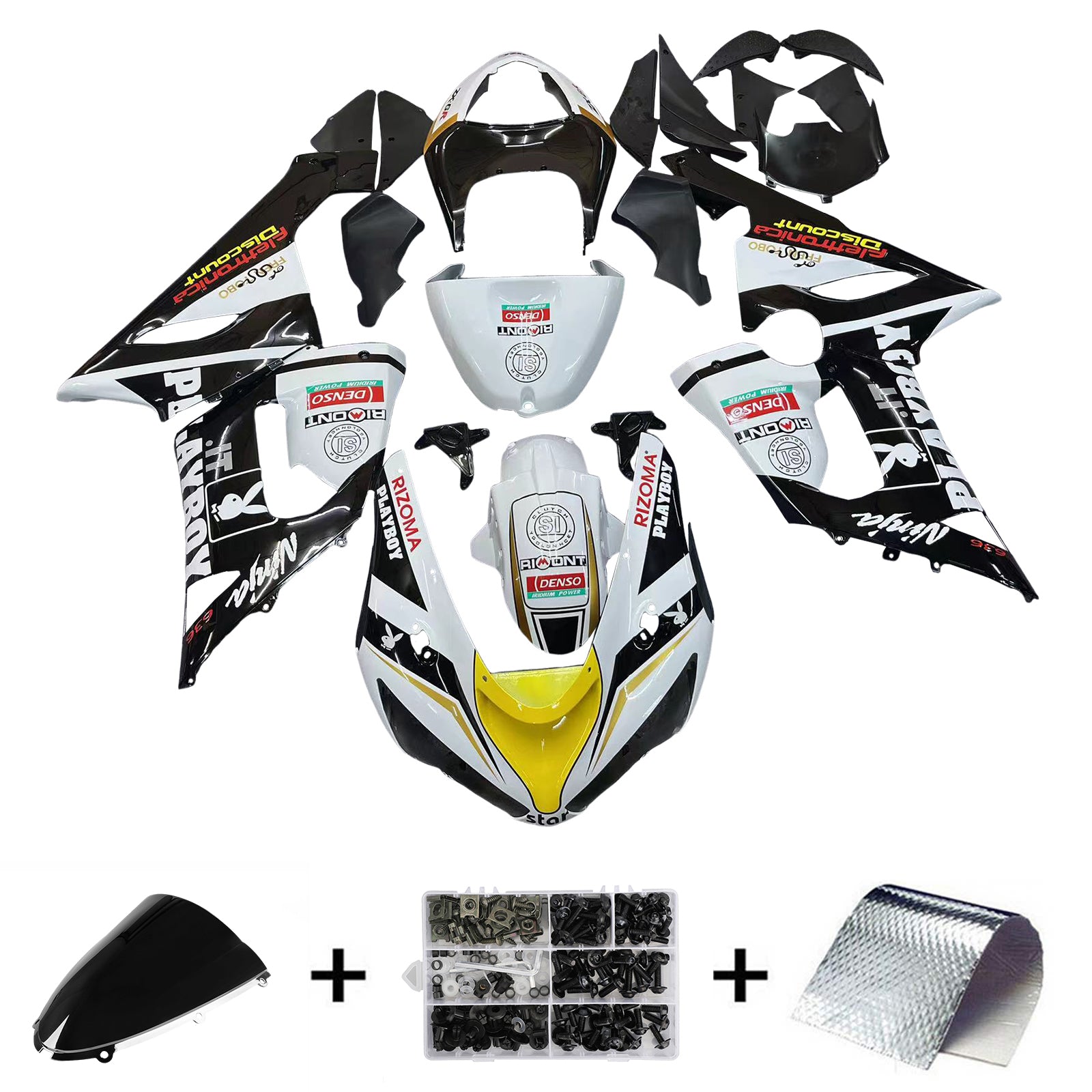 2005-2006 KAWASAKI ZX6R 636 Fairings Black Blanc Yellow Playboy Racing Generic