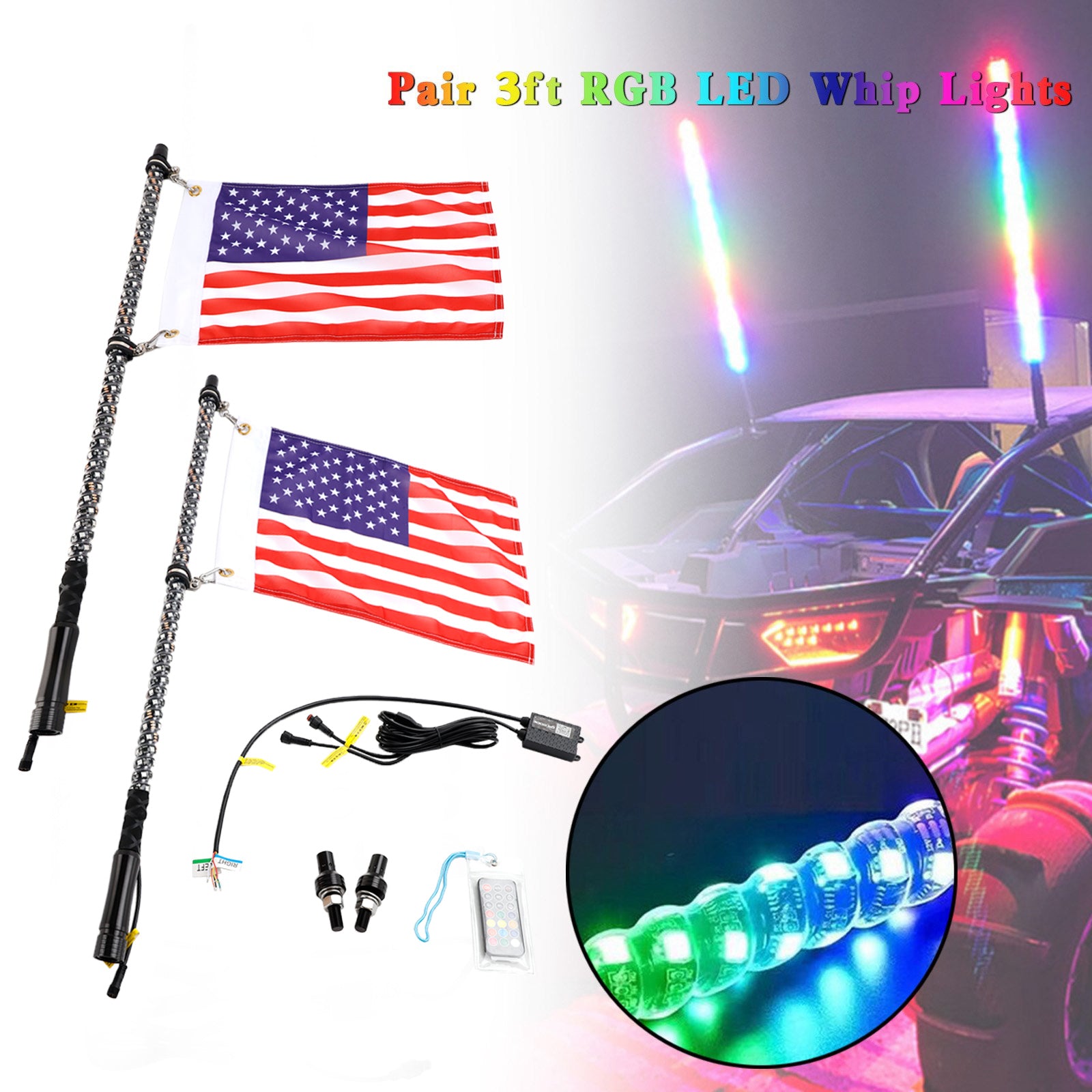 RZR Offroad Jeep Rhino Sandrail Canam Buggy Utv 2x 3ft RGB LED WHIP LUZES
