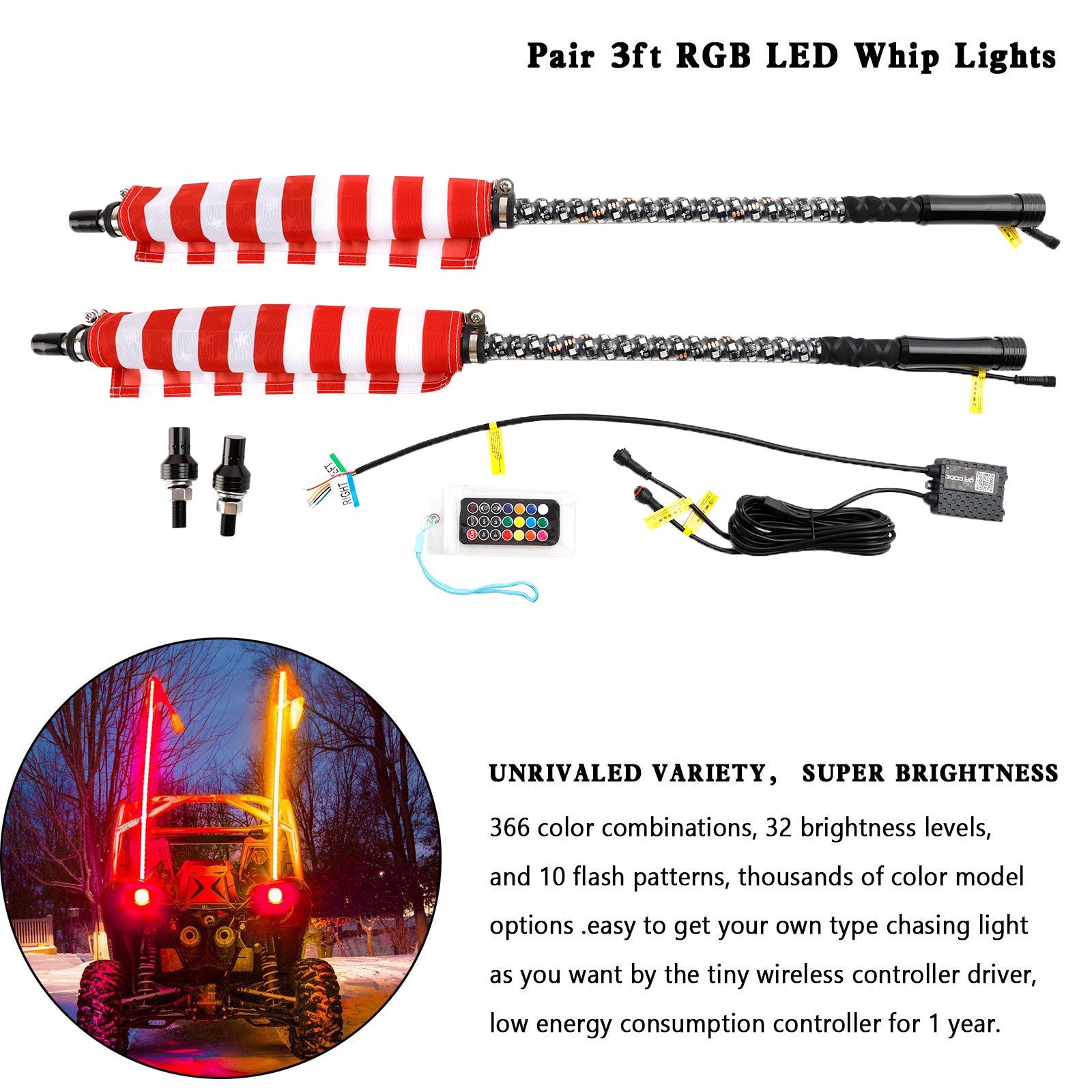 RZR Offroad Jeep Rhino Sandrail Canam Buggy Utv 2x 3ft RGB LED WHIP LUZES