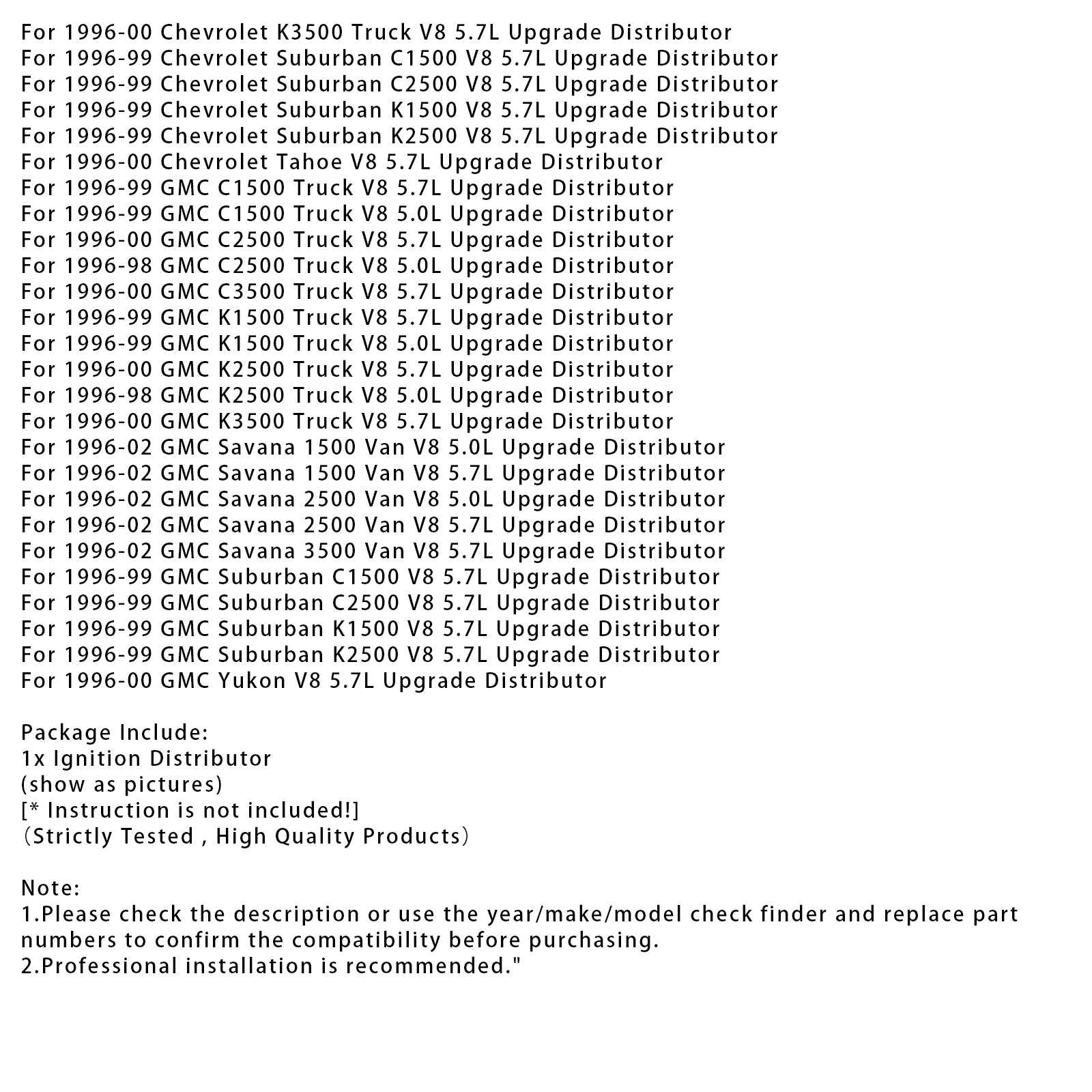1996-1999 Chevrolet Suburban K1500 V8 5.7L Distributeur de mise à niveau Distributeur d'allumage 12570425