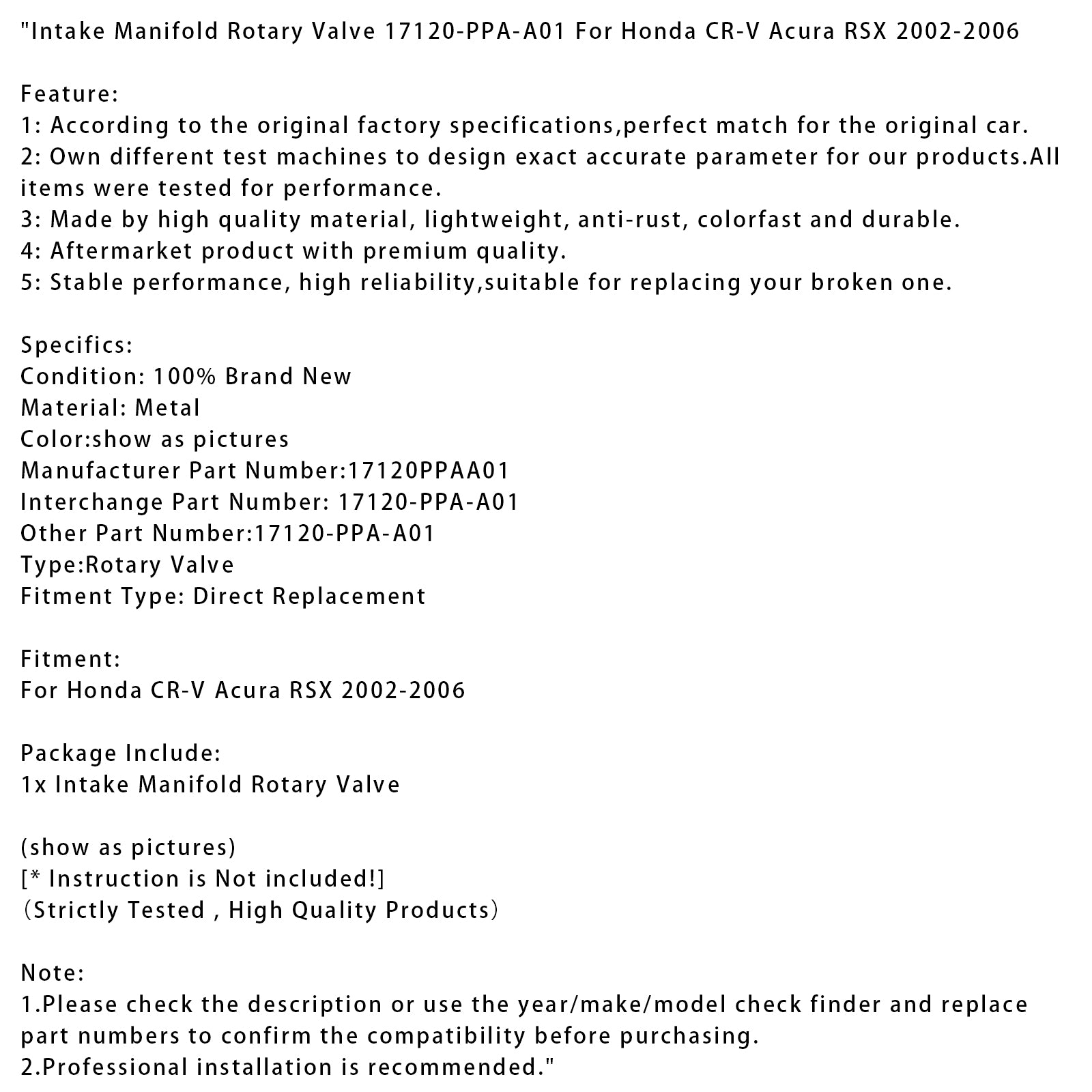 Intake Manifold Rotary Valve 17120-PPA-A01 For Honda CR-V Acura RSX 2002-2006