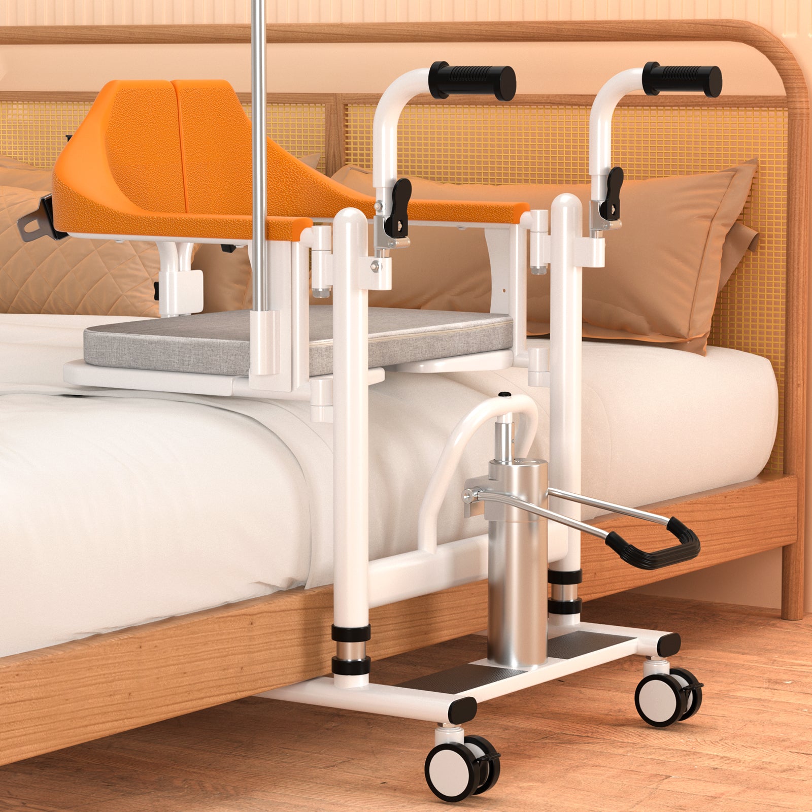 Bredda patientstol hydraulisk överföringslyft rullstol 180 ° delad säte