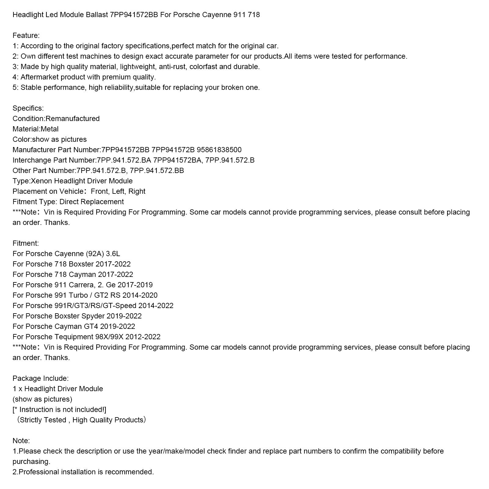 2014-2020 Porsche 991 Turbo / GT2 RS Headlight Led Module Ballast 7PP941572BB 95861838500