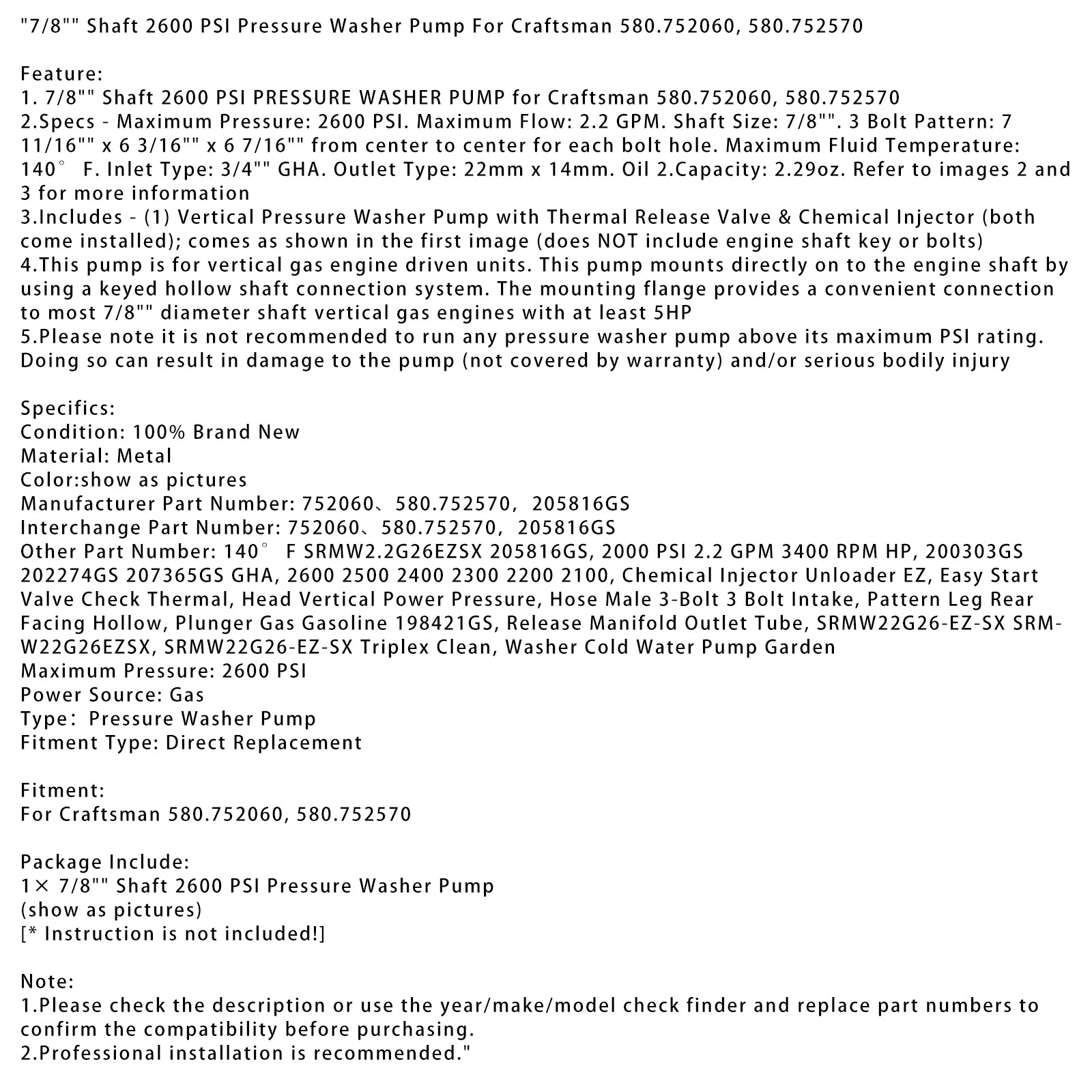 7/8" Axel 2600 PSI högtryckstvättspump för Craftsman 580.752060 580.752570