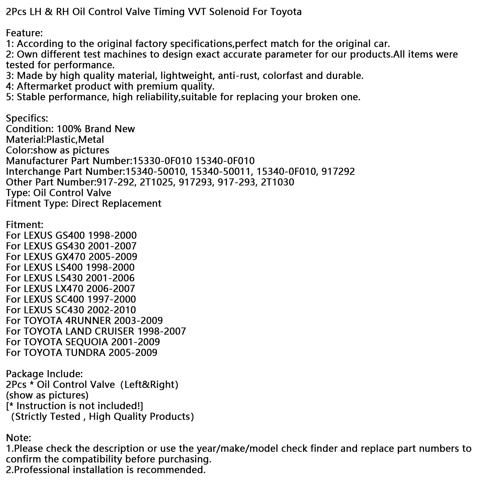 2 st vänster & RH oljekontrollventil timing VVT solenoid för Toyota