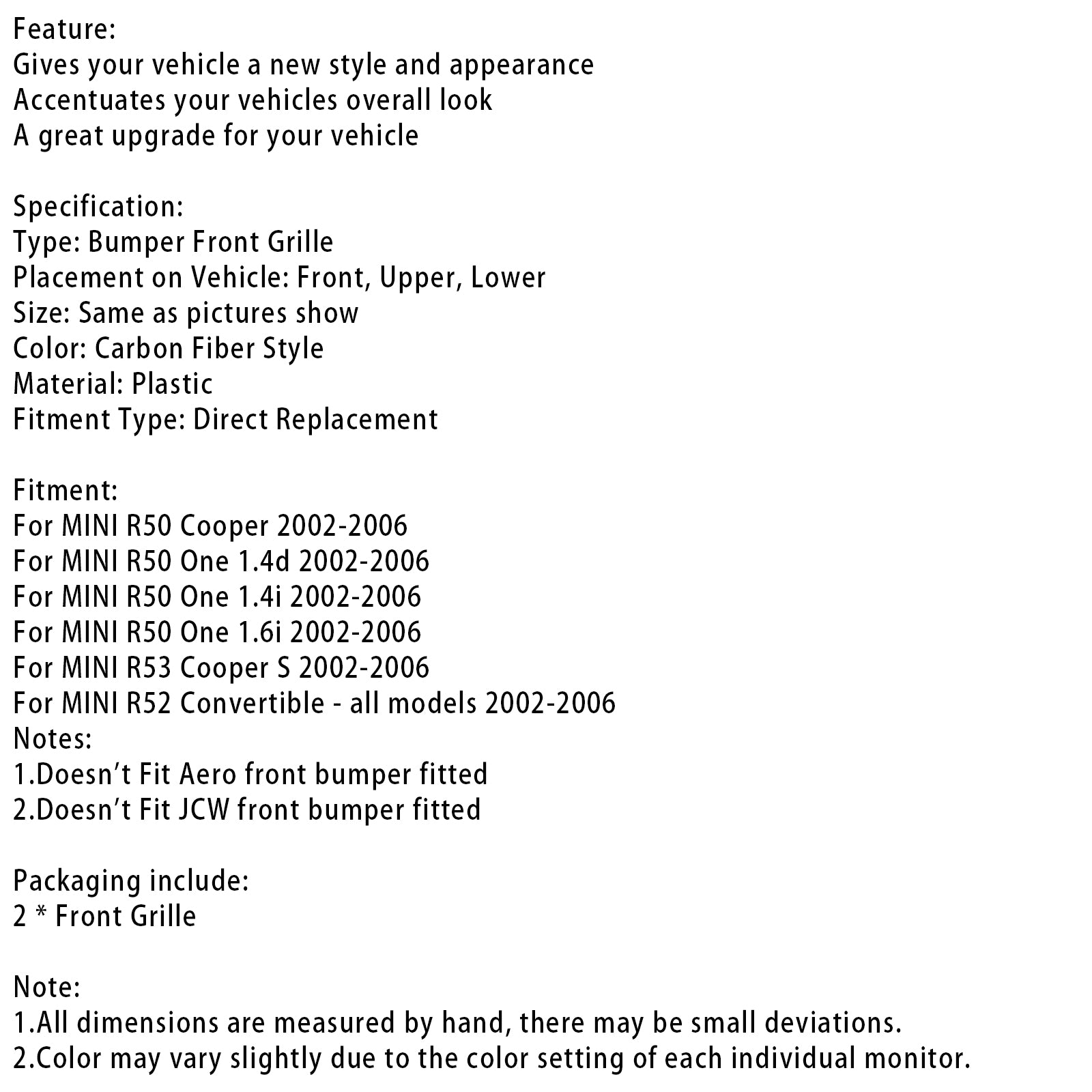 2002-2006 Mini Cooper R50 R52 R53 2PCS Honeycomb Mesh Front Grille Grill