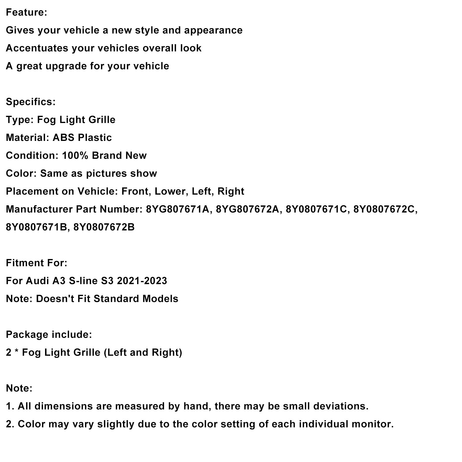 2021-2023 Audi A3 S-line Black Front Honeycomb Fog Light Grille Cover