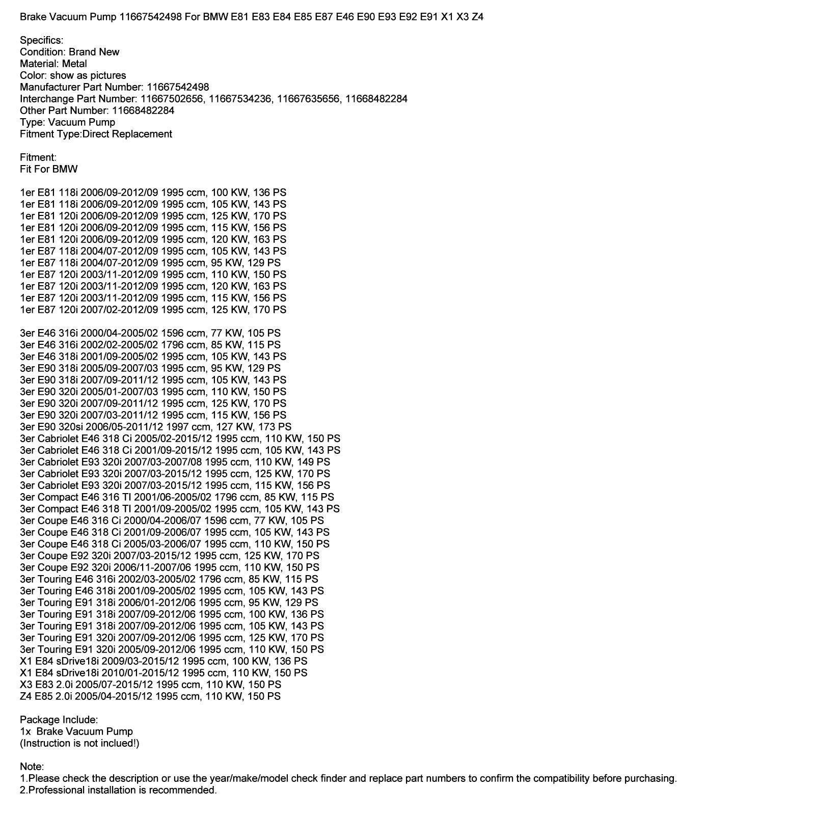 Vákuové čerpadlo 11667542498 pre BMW E81 E83 E84 E85 E87 E46 E90 E93 E92 E91