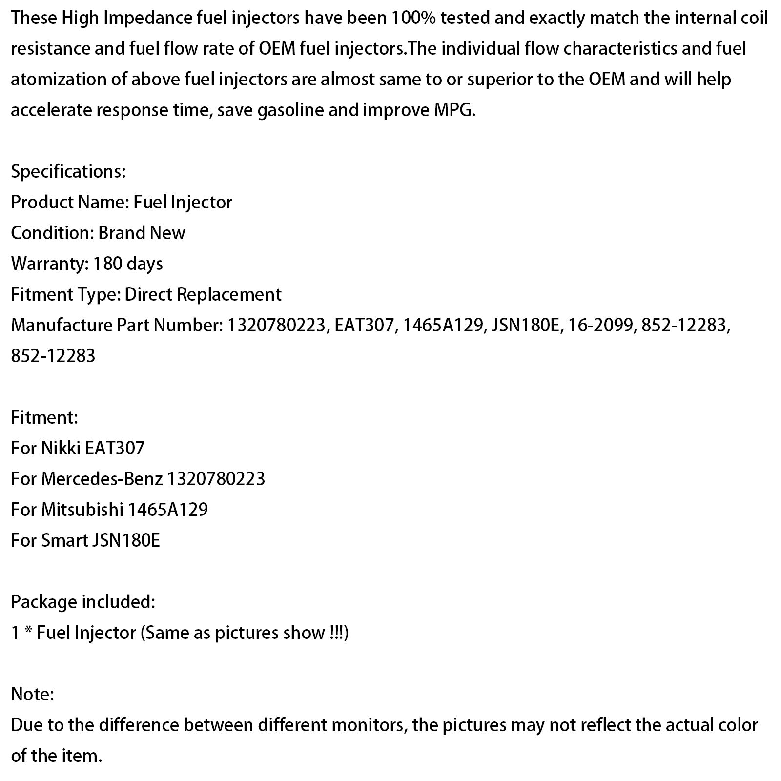 2008-2015 Smart Fortwo 1.0L 1PCS Inyector de combustible EAT307 1465A129