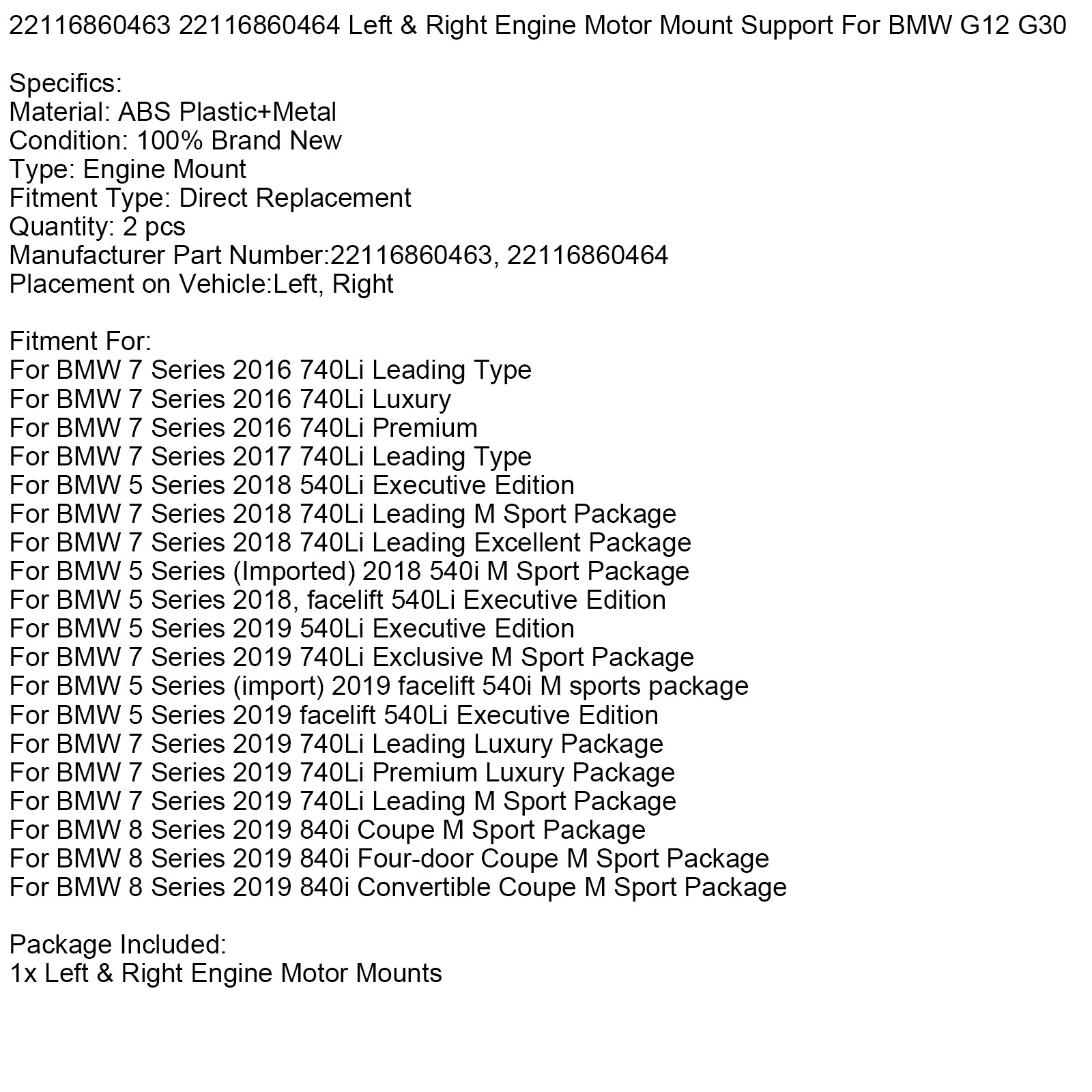 22116860463 22116860464 Left & Right Engine Motor Mount Support For BMW G12 G30