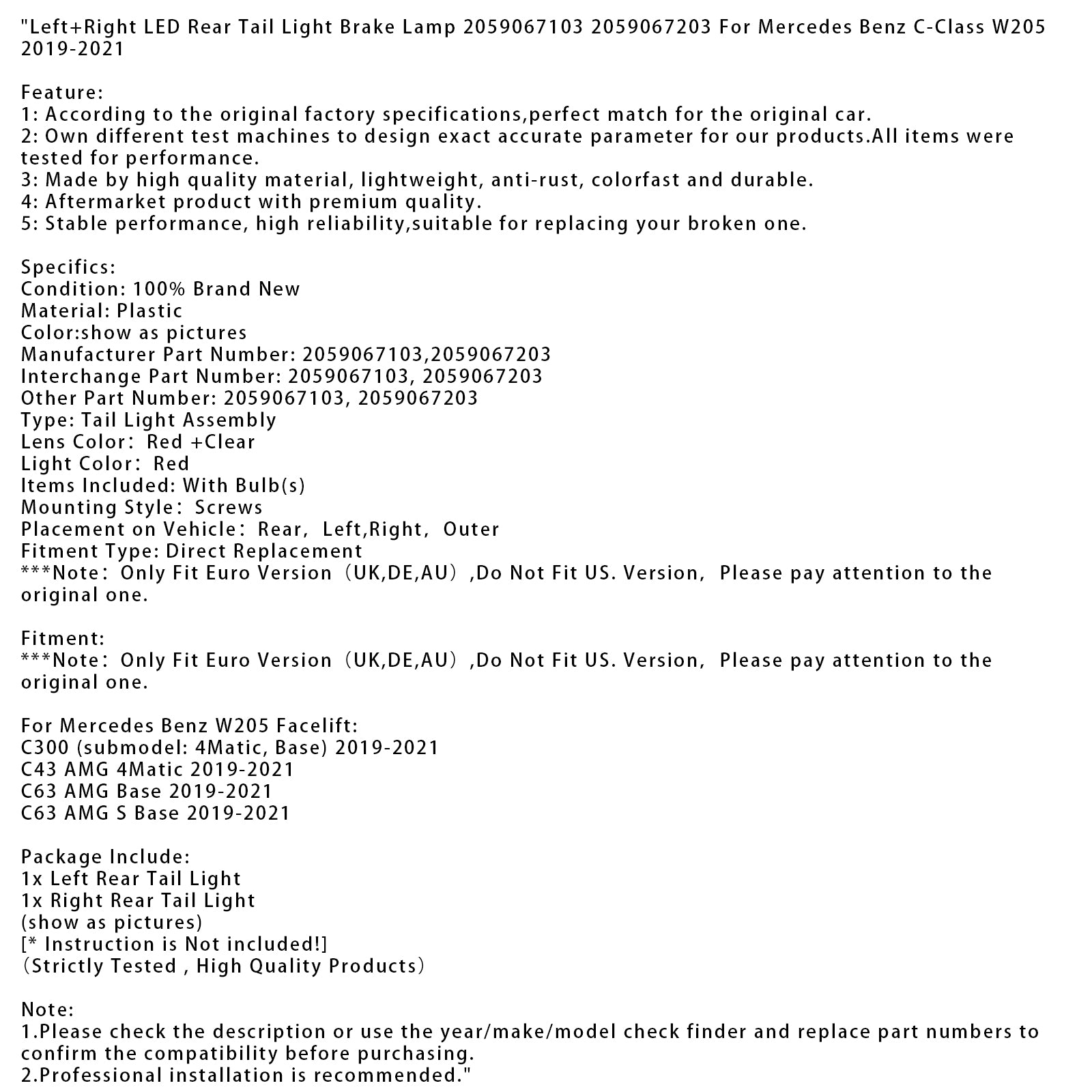 Left+Right LED Rear Tail Light Brake Lamp For Mercedes C-Class W205 2019-2021