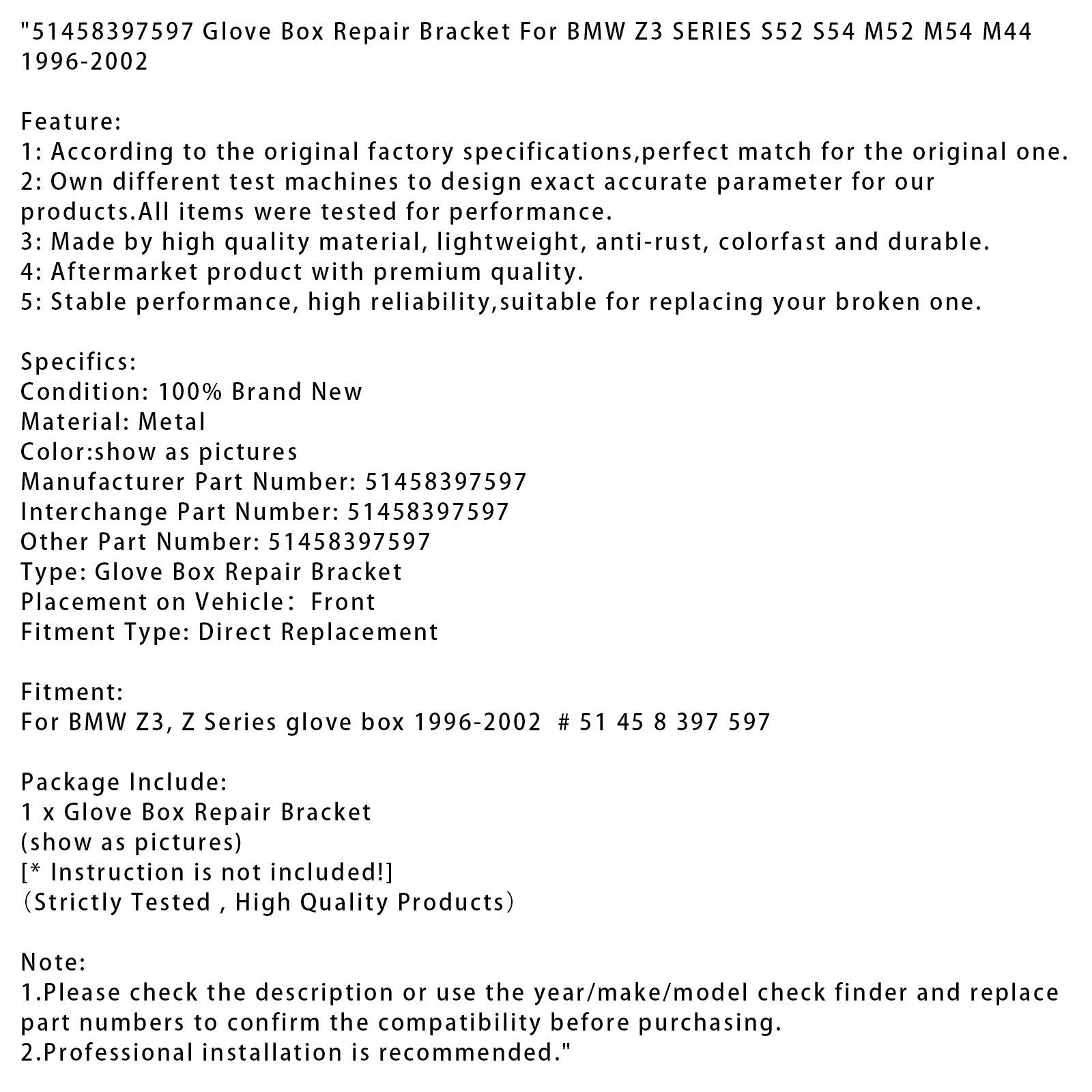 1996-2002 BMW Z3 SERIES S52 S54 M52 M54 M44 Glove Box Repair Bracket 51458397597