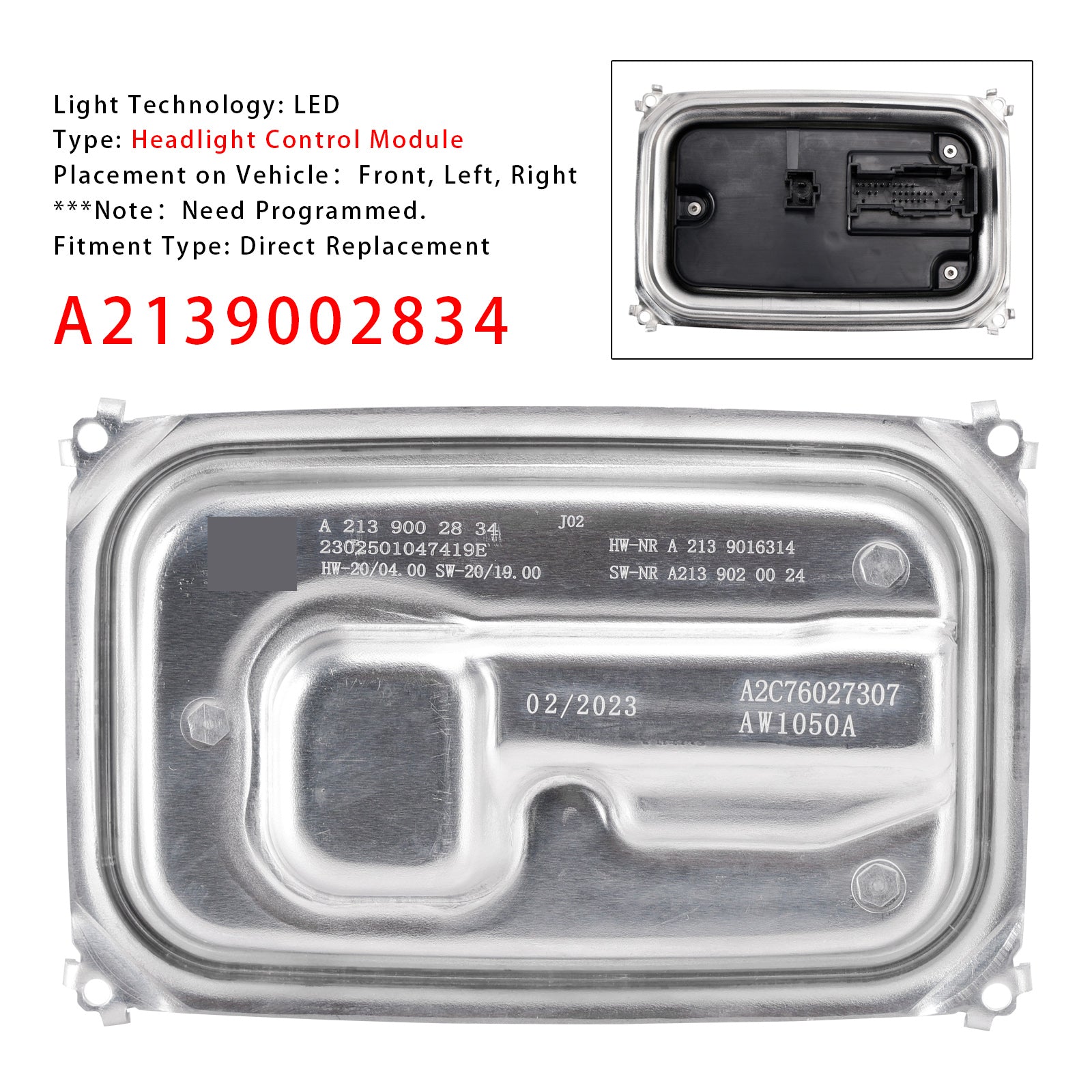 2021-2023 Mercedes-Benz E CLASS LED Headlight Control Module A2139002834