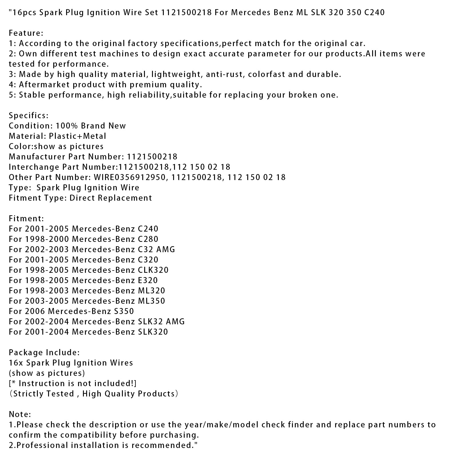 16pcs Spark Plug Ignition Wire Set 1121500218 For Mercedes Benz ML SLK 320 350