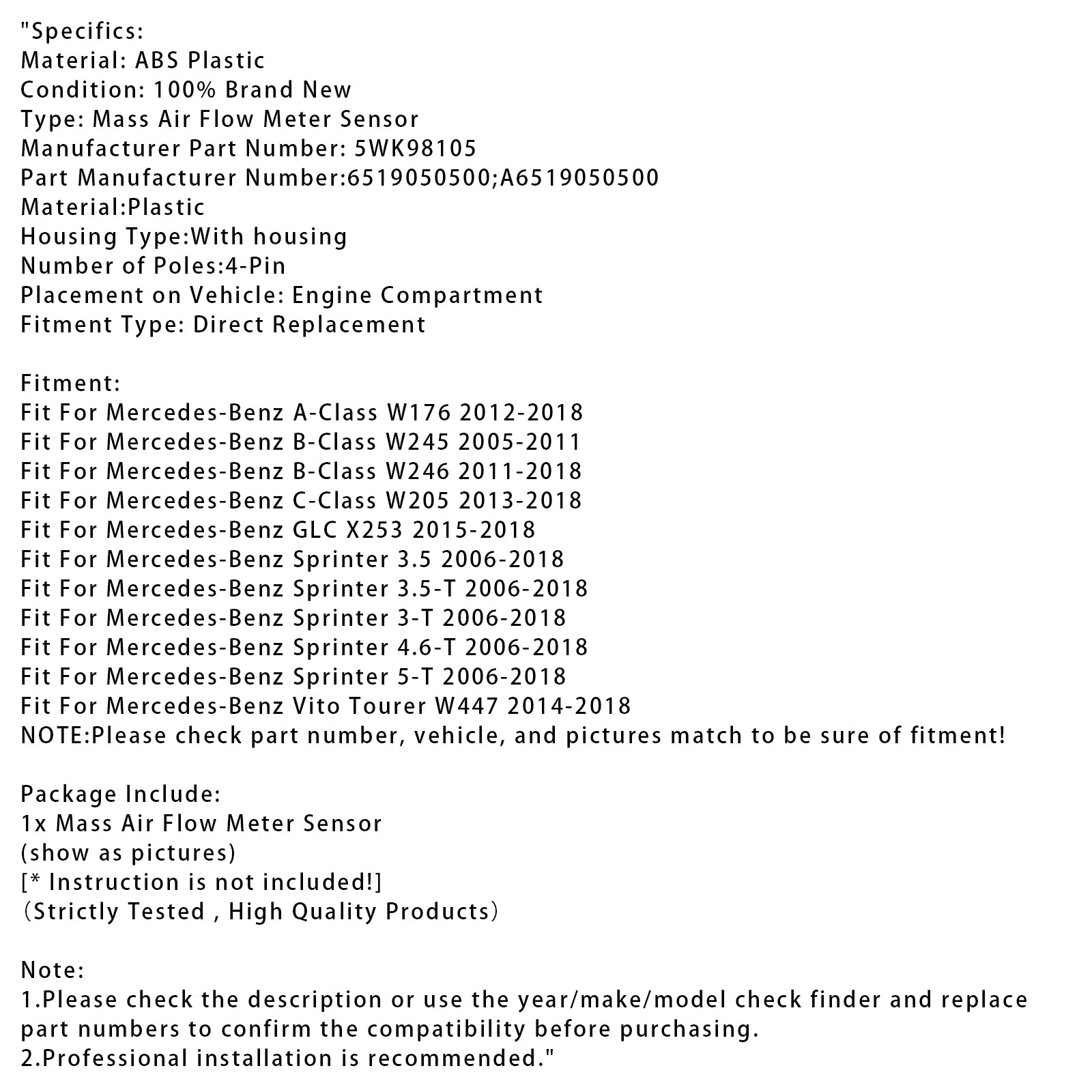 Massaluchtstroommetersensor voor Mercedes W205 W176 GLC X253 CDI 5WK98105