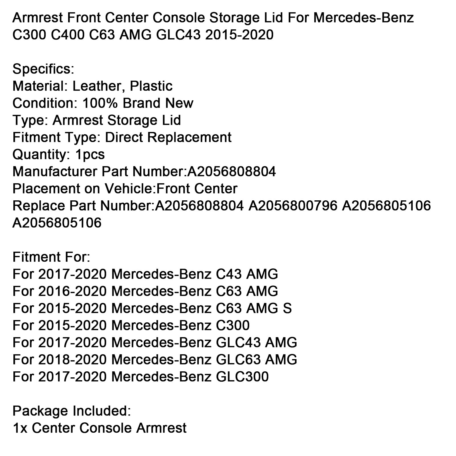 2017-2020 Mercedes-Benz GLC43 AMG Armsteun Opbergdeksel middenconsole vooraan A2056808804 A2056800796