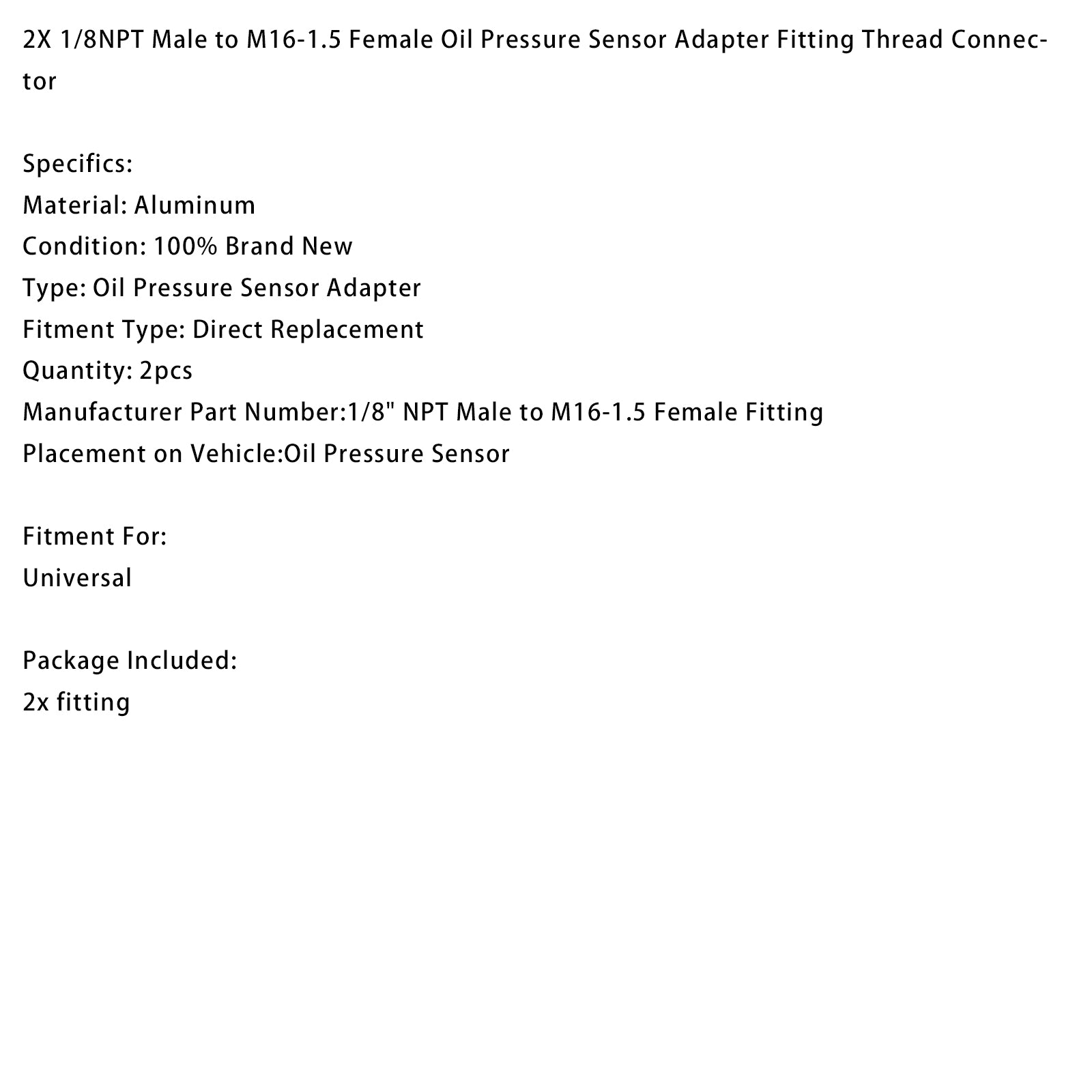 2x 1/8NPT Male to M16-1.5 Female Oil Pressure Sensor Adapter Thread Connector