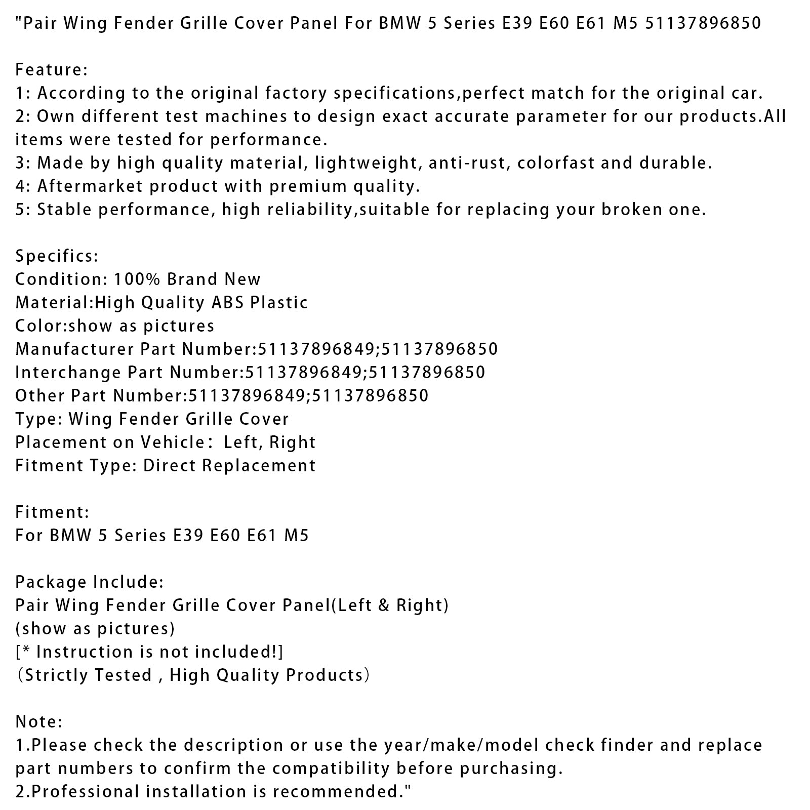 Paar Wing Spatbord Grille Cover Panel Voor BMW 5 Serie E39 E60 E61 M5 51137896850