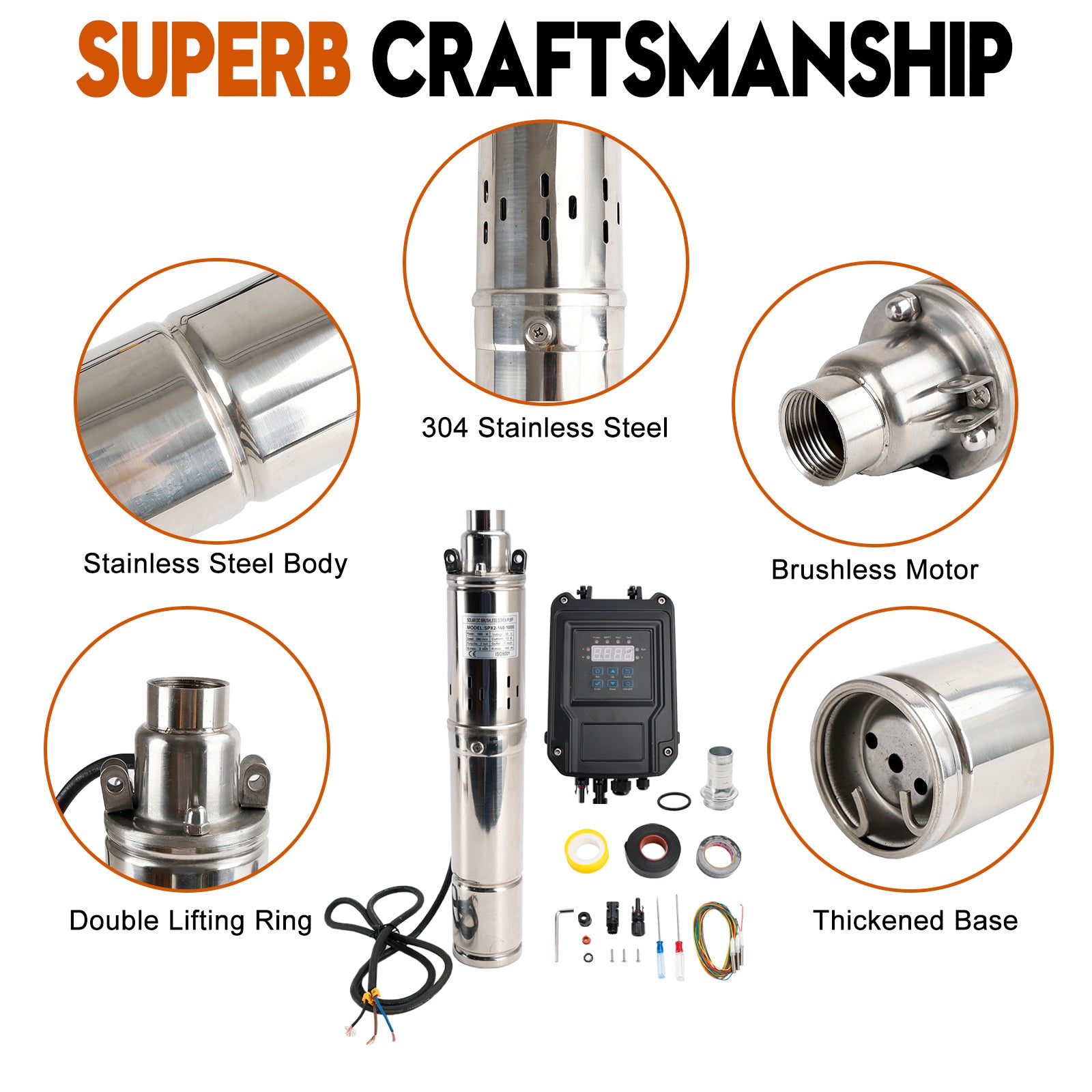 3" Bomba solar de parafuso MPPT 60V 1KW submersível para poço profundo com cabeça de aço de 160 m