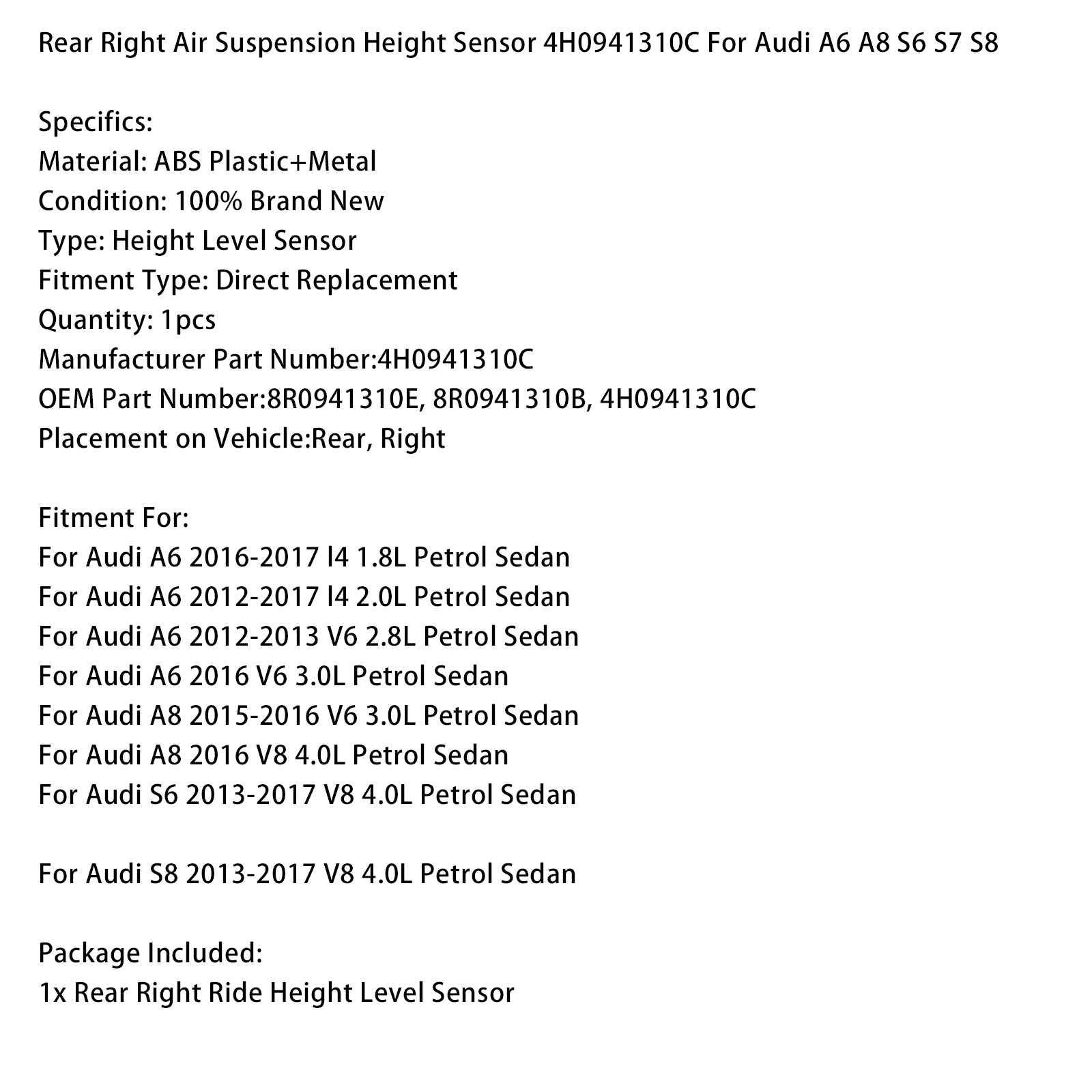 Rear Right Air Suspension Height Sensor 4H0941310C For Audi A6 A8 S6 S7 S8