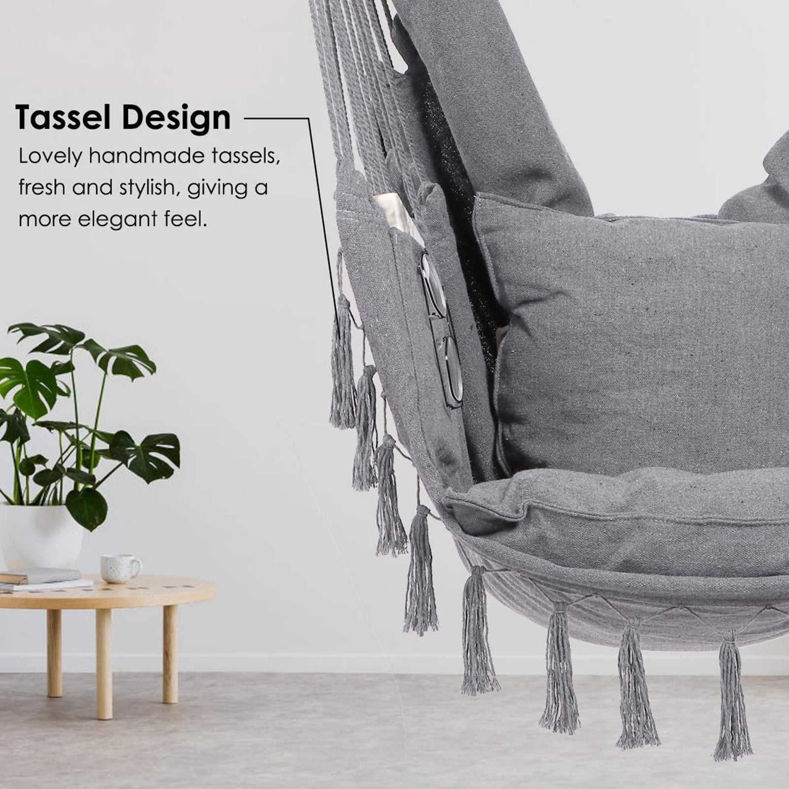 Indoor/Outdoor Hammock Chair Hanging Rope Swing With Cushions 150KG Load Bearing