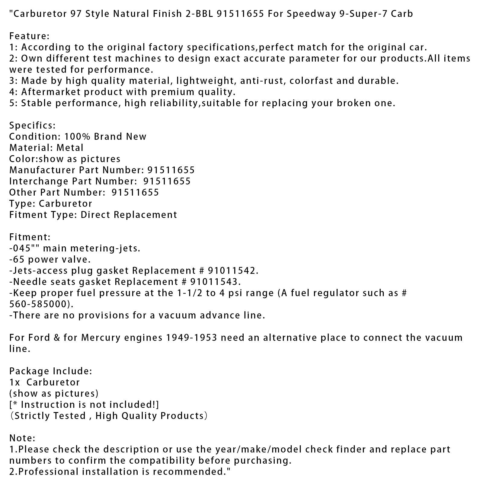 Ford 1949-1953 & pour moteurs Mercury Carburateur Style 97 Finition naturelle 2-BBL 91511655