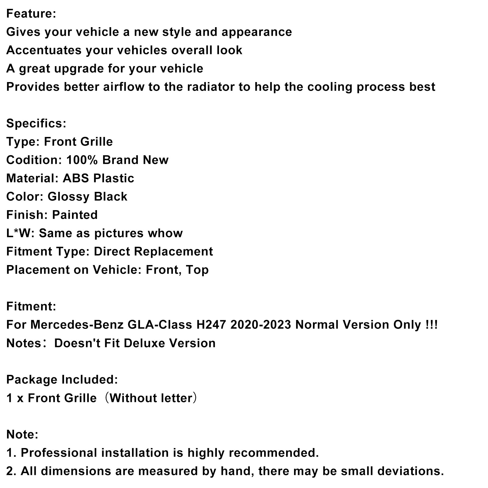 2020-2023 Mercedes-Benz H247 GLA250 GLA200 Diamond Front Grille Grill