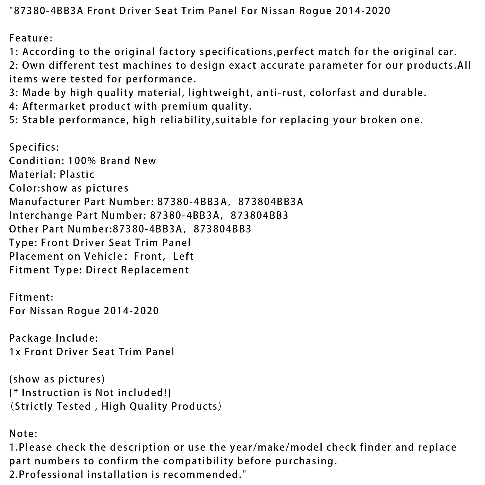 87380-4BB3A Front Driver Seat Trim Panel For Nissan Rogue 2014-2020