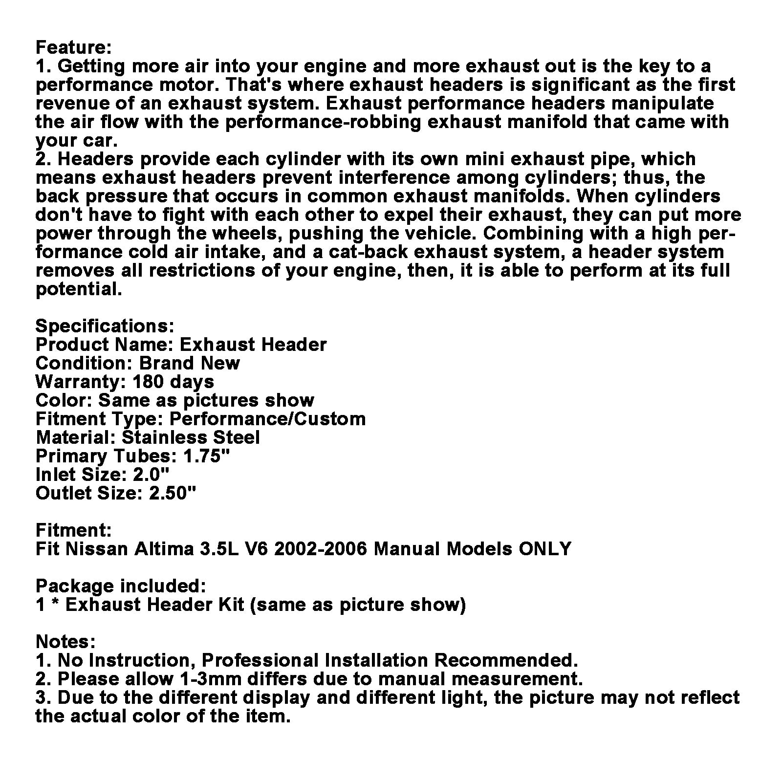 En-tête d'échappement s'échappement nissan altima vq35de v6 3.5 02-06 Modèles manuels