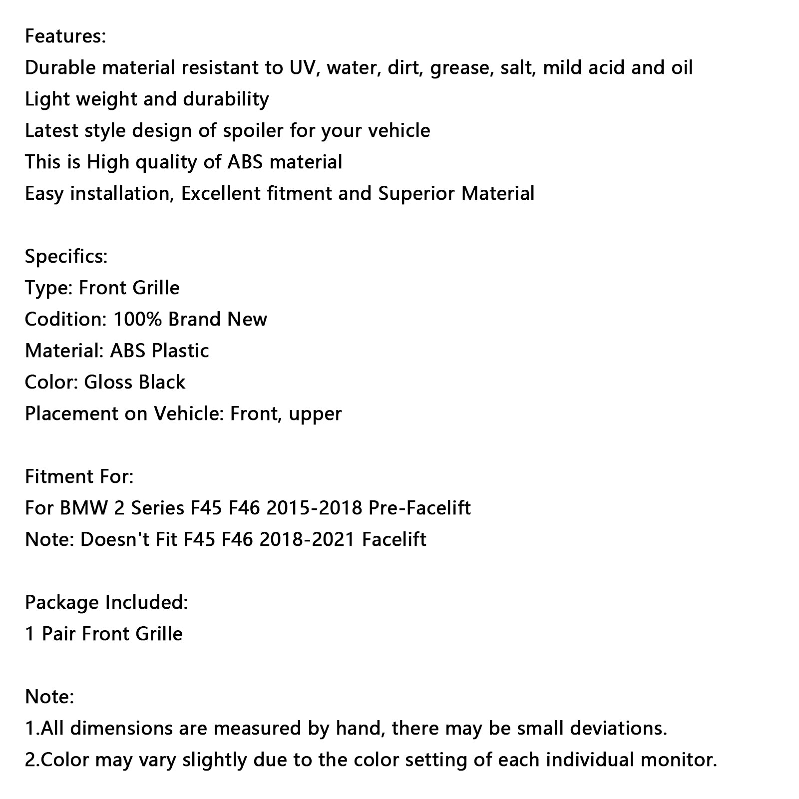 Gloss Black Front Grille Grill Fit BMW 2 série Gran Tourer F45 F46 2015-2018