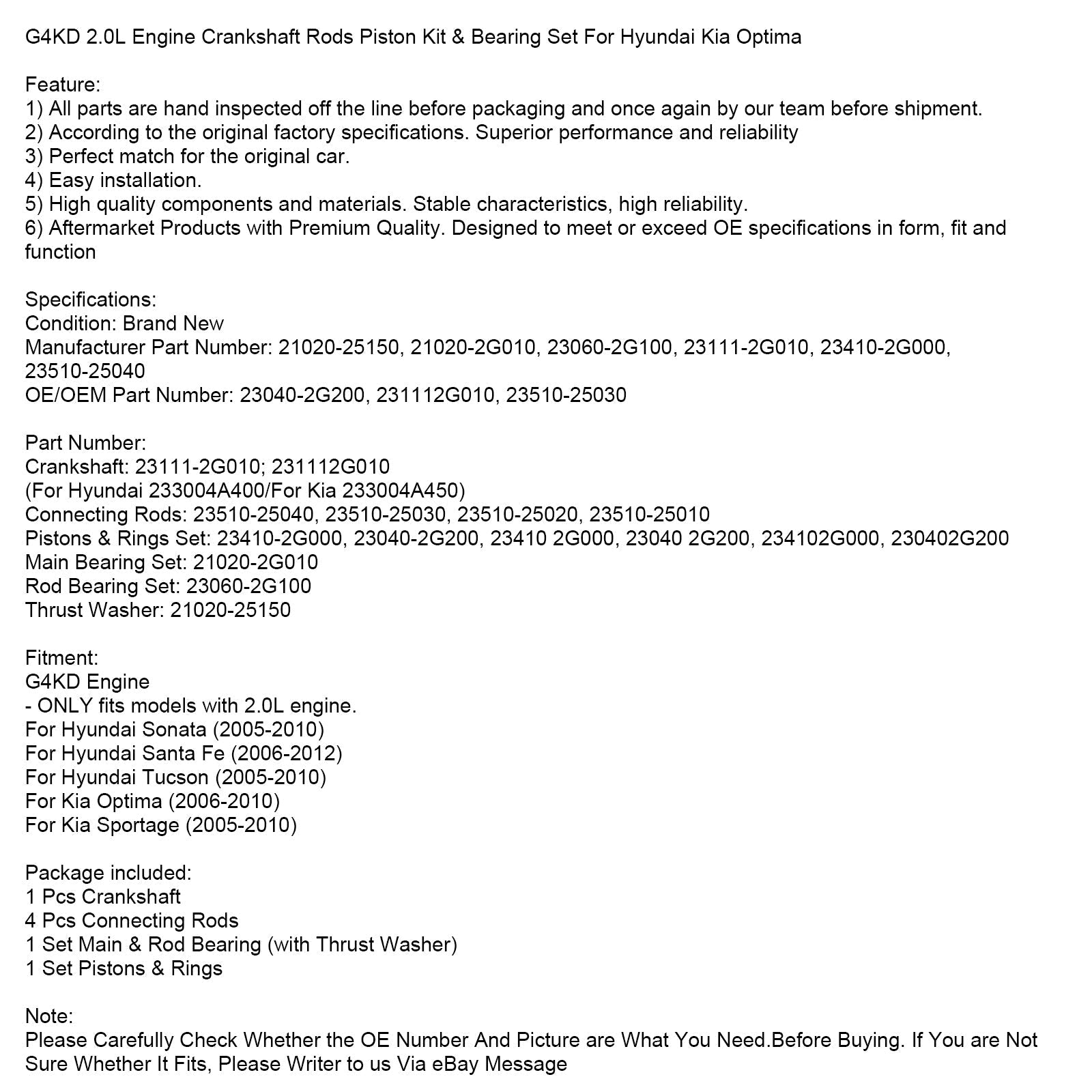 Kit de pistão e bielas do virabrequim para Hyundai Santa Fe G4KD 2.0L 2006-2012 & Conjunto de rolamentos