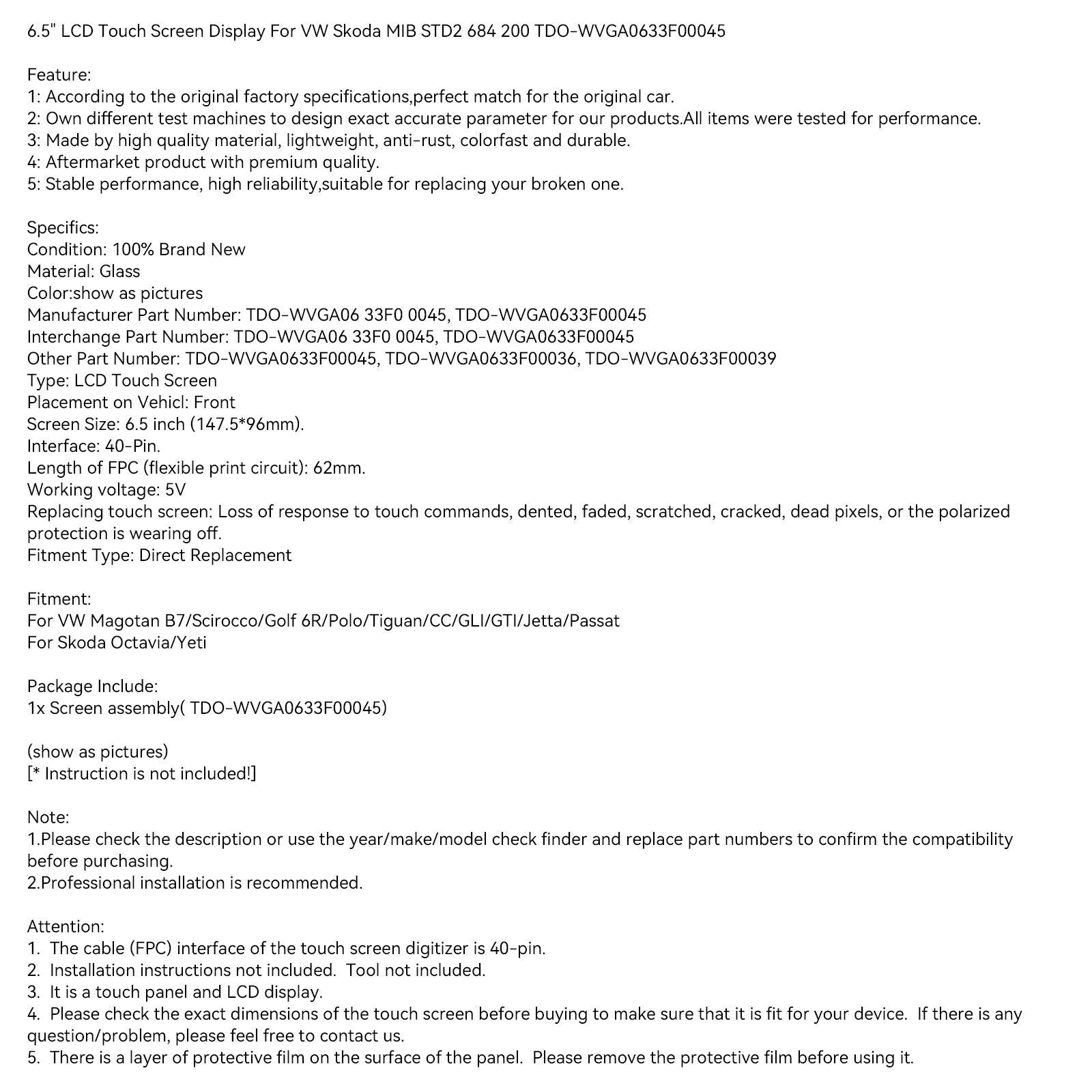 6.5" LCD-touchscreen voor VW Skoda MIB STD2 684 200 TDO-WVGA0633F00045