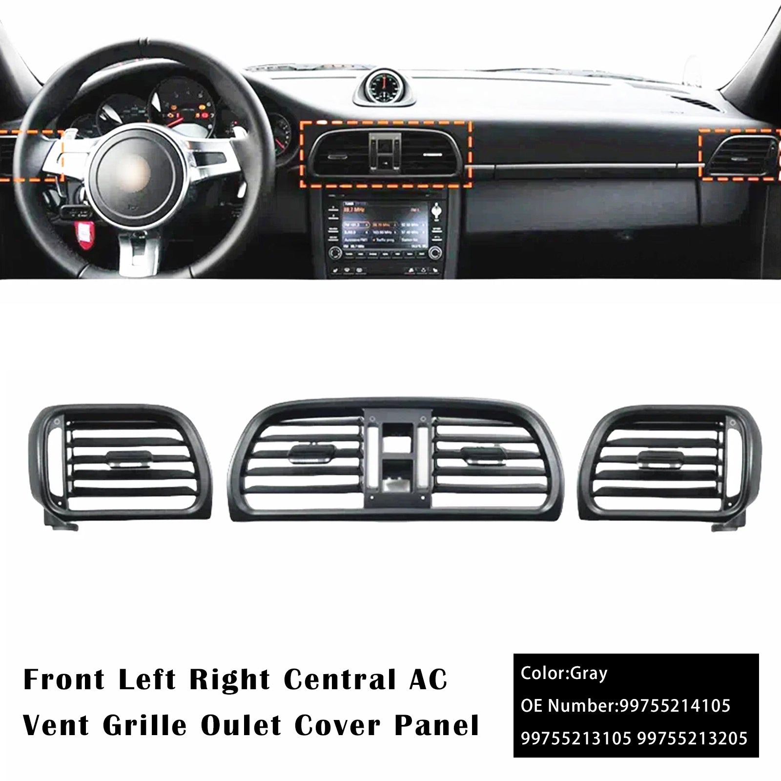 Left Right Central AC Vent Cover Gray For Porsche 911 Carrera Targa 2004-2012 99755214105 99755213105 99755213205