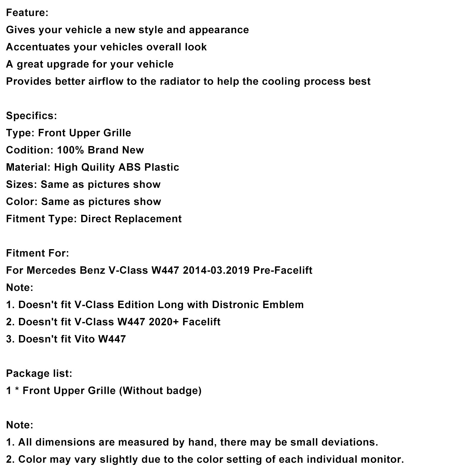 2014-03.2019 Mercedes Benz V-Klasse W447 Grille vooraan boven